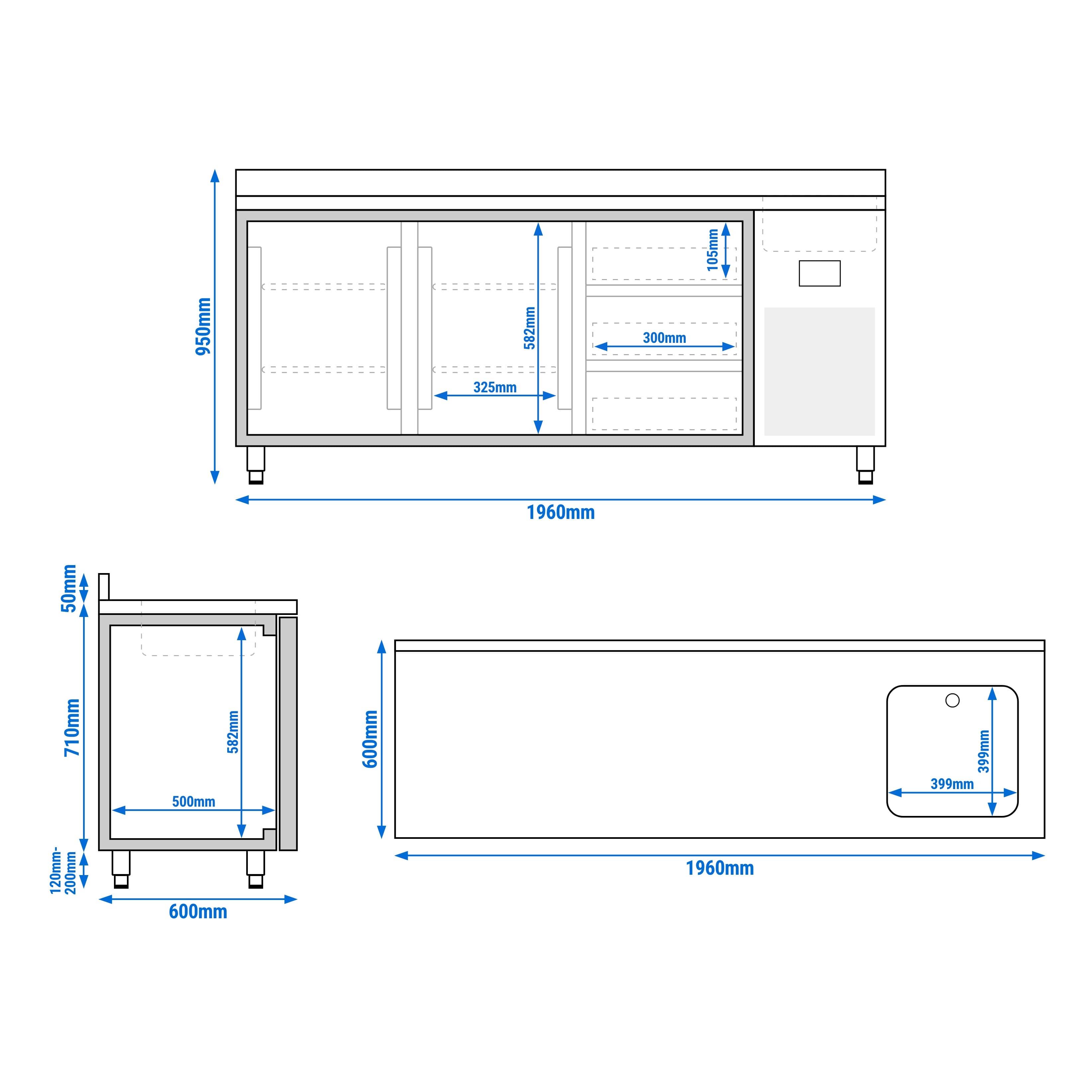 Masă frigorifică Premium PLUS – 1960 x 600 mm – cu 1 cuvă, 2 uși, 3 sertare – rebord — 14