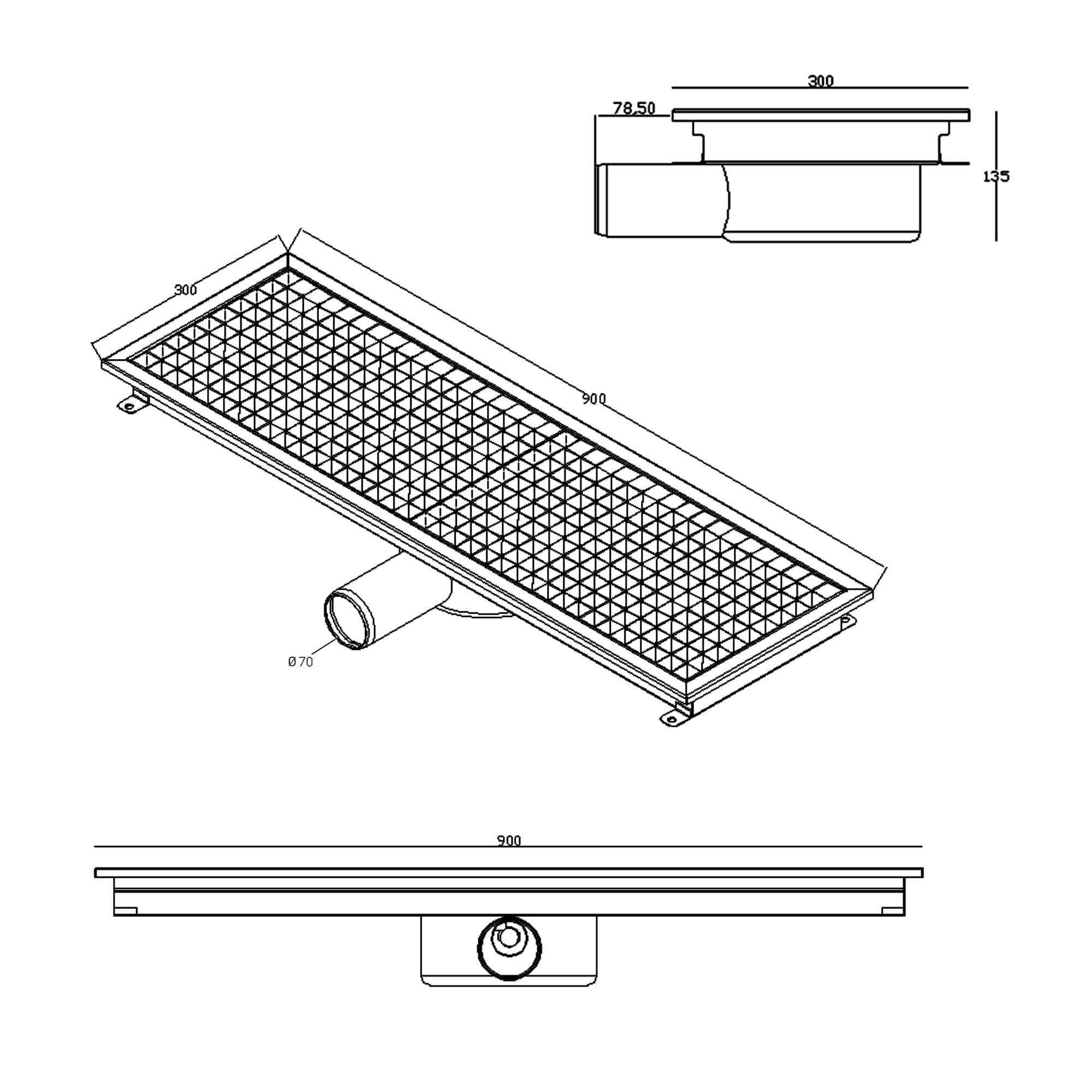 Gură de scurgere din oțel inoxidabil – 900 x 300 mm – model plat și scurgere laterală – Ø 70 mm — 9