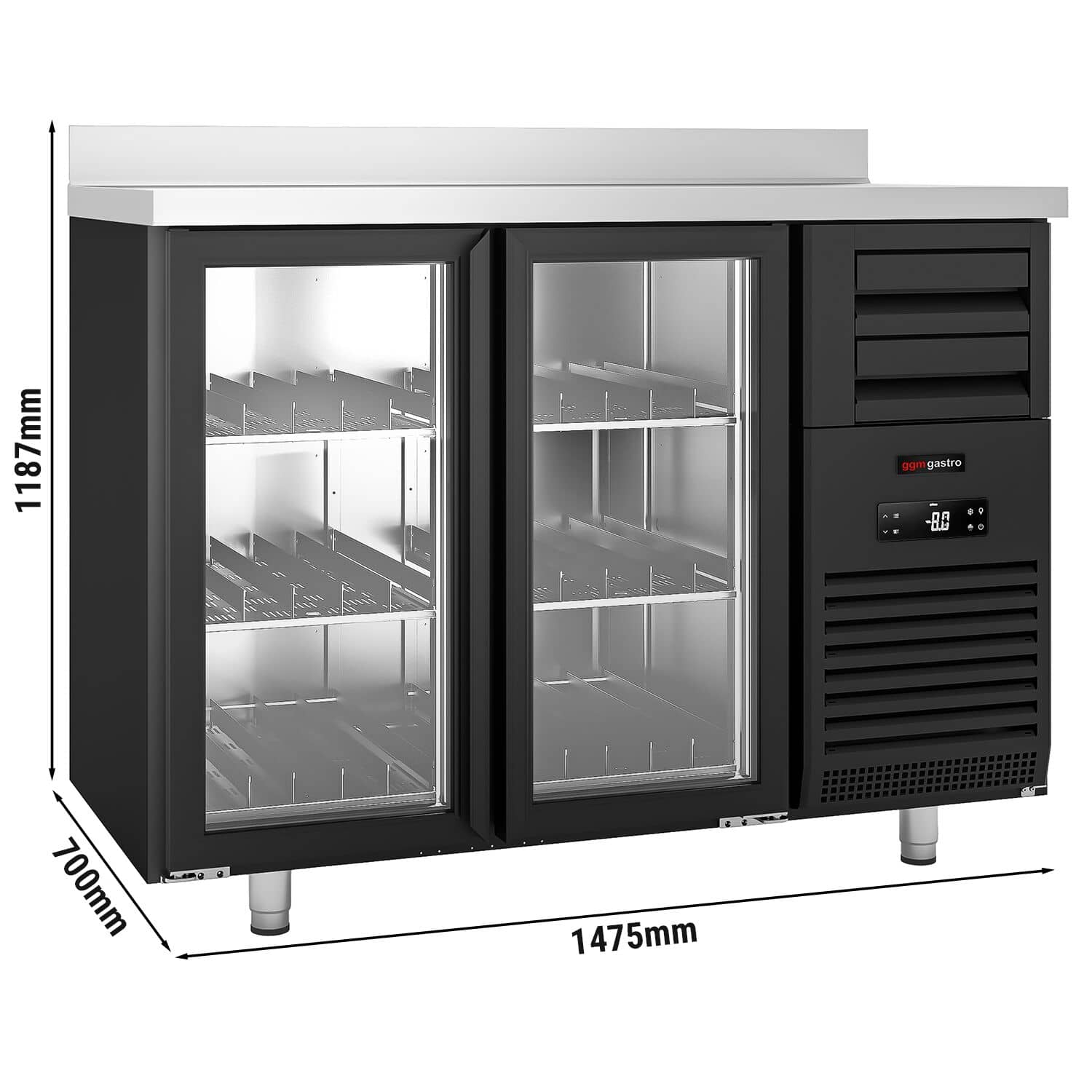 Frigider Bar Profesional PREMIUM PLUS - SUPERCOOLER - 1475x700 mm - 440 L - 2 uși din sticlă, 6 sertare, bordură spate 40 mm, iluminare LED & încuietoare - negru — 3