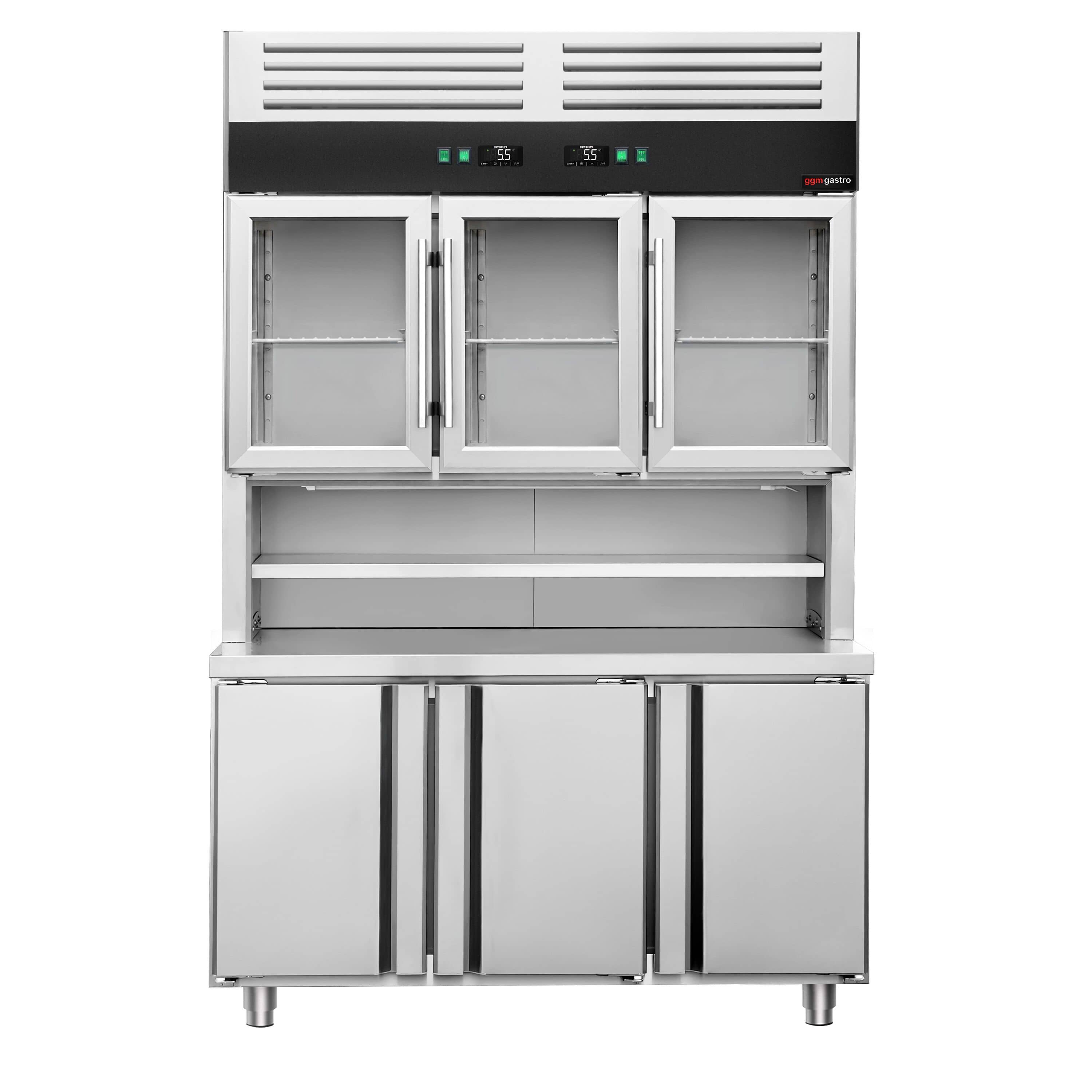 Masă frigorifică cu vitrină frigorifică verticală - 1350x800 mm - 520 L - cu 3 uși din sticlă - spate cu 3 uși - sticlă dublă - blat lucru — 6