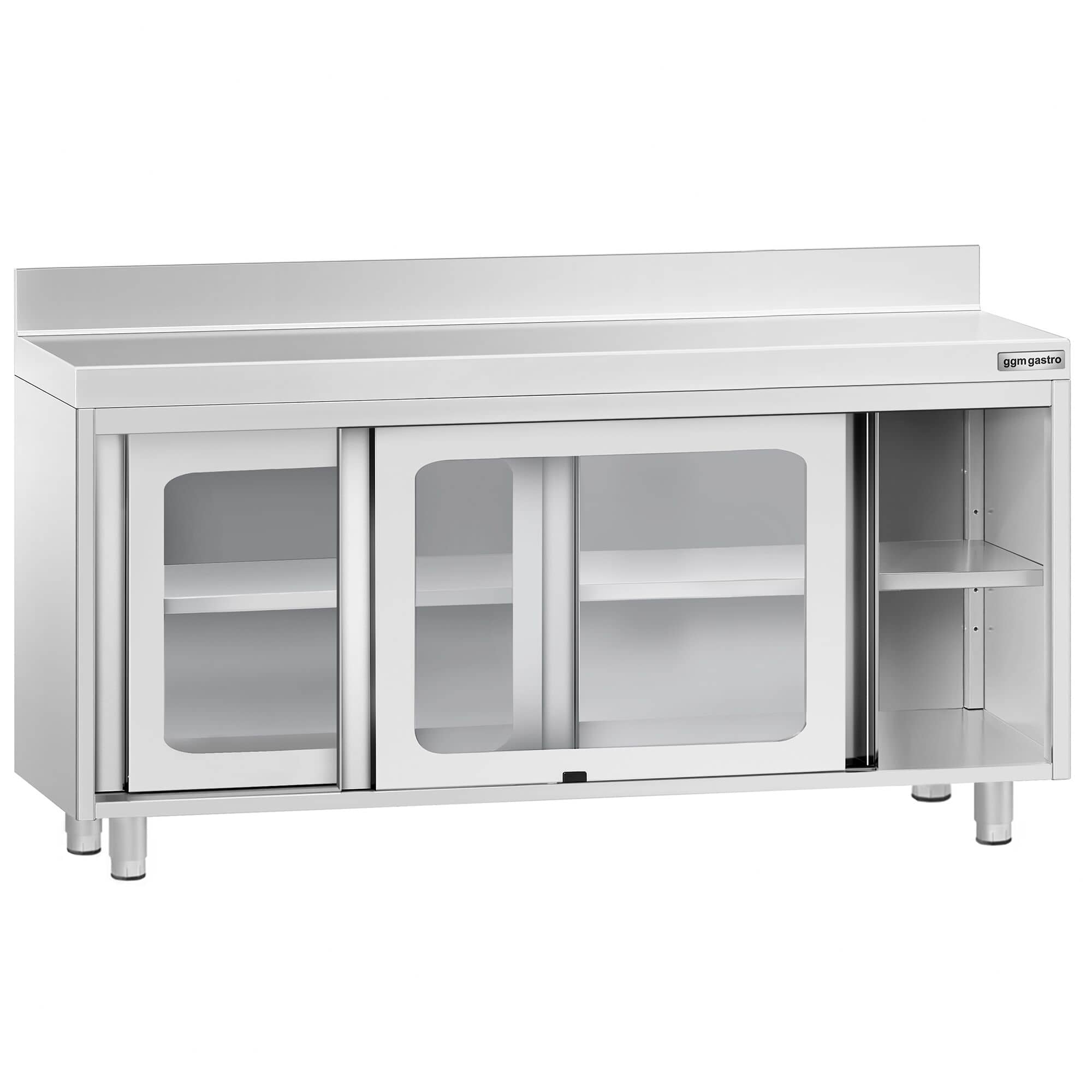 Masă de lucru tip dulap din oțel inoxidabil PREMIUM - 1600x700 mm - uși glisante din sticlă - cu rebord — 5