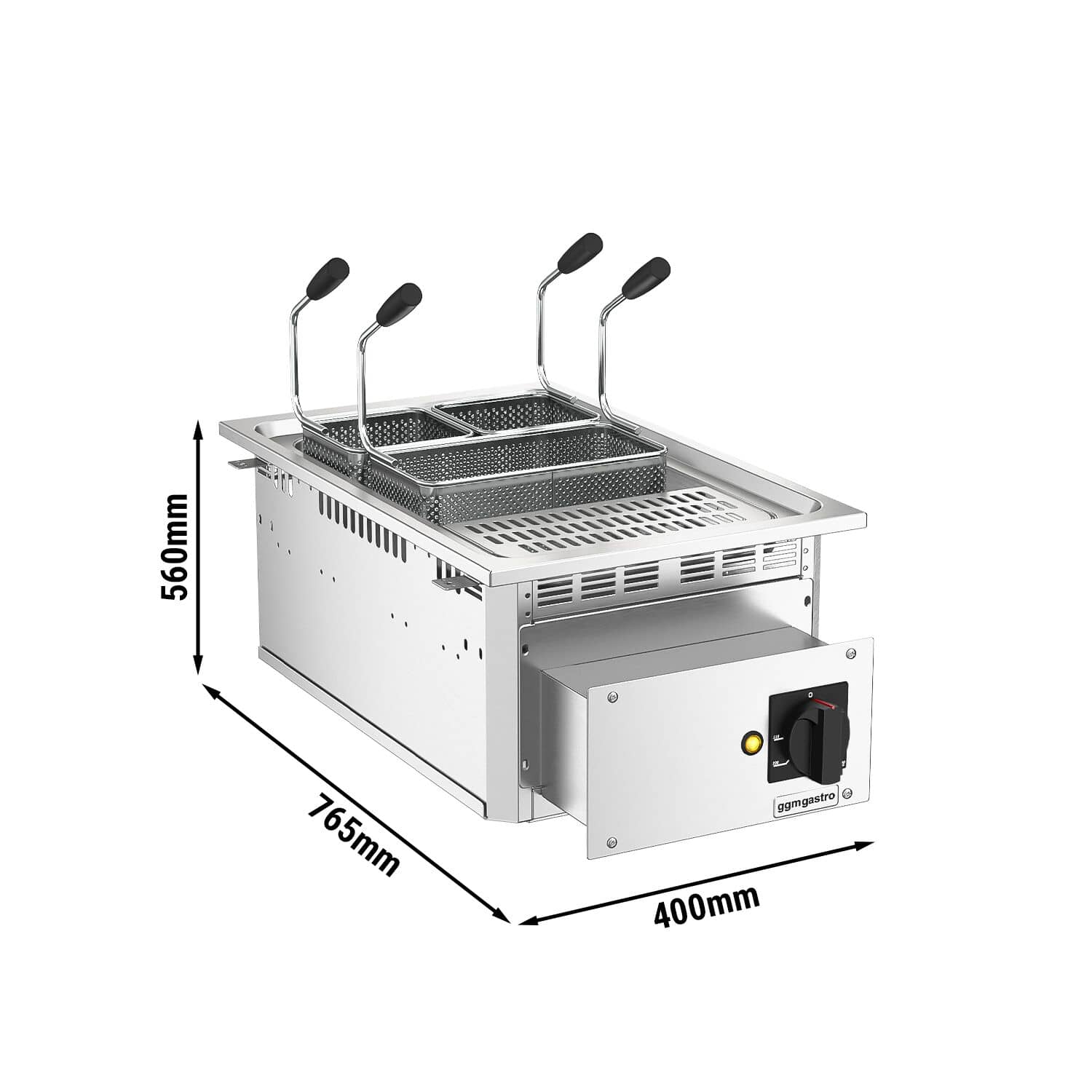 Fierbător electric de paste pentru montare încorporată – 13 litri – 7,5 kW – cu robinet de scurgere – include 3 coșuri — 3