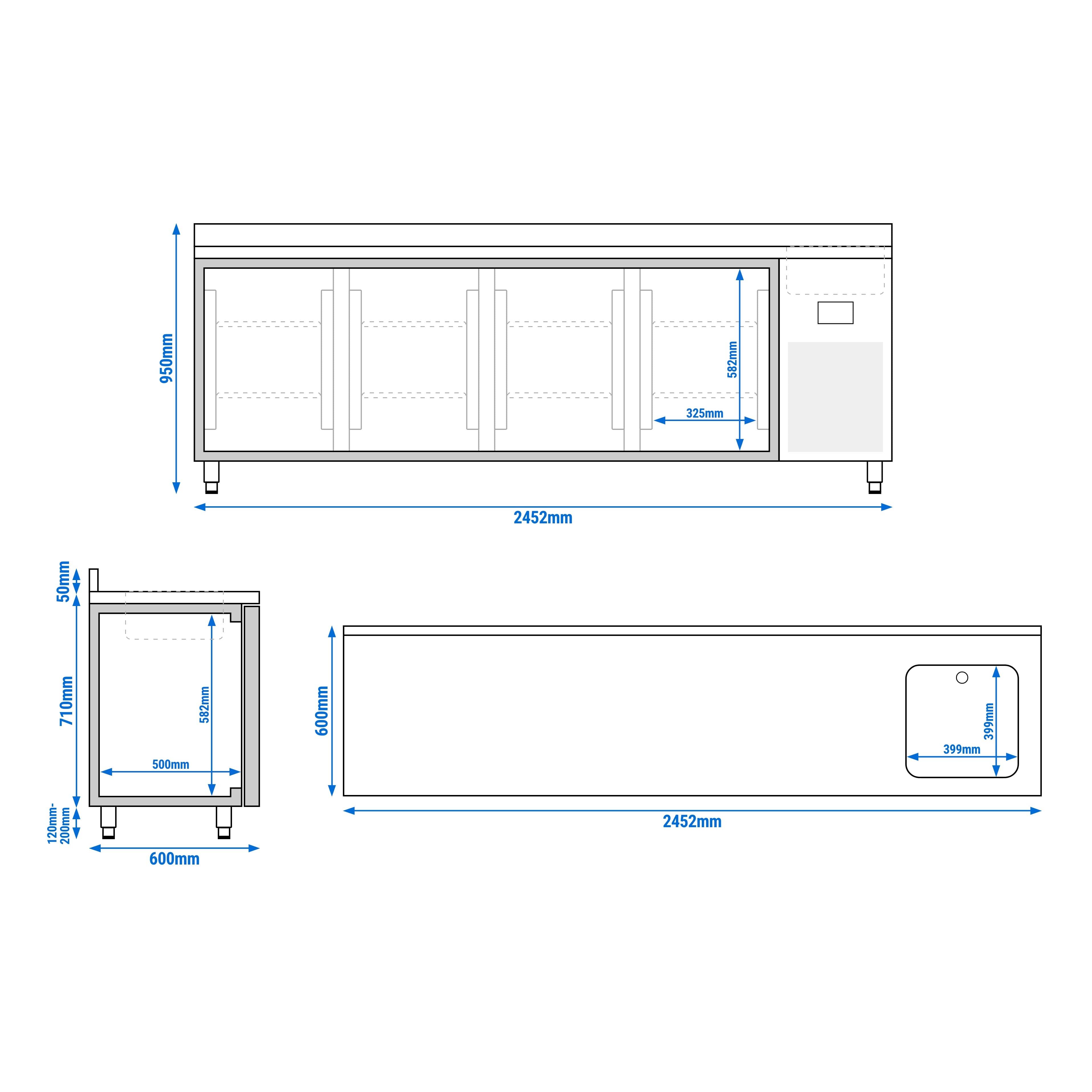 Masă frigorifică Premium PLUS – 2452 x 600 mm – cu 1 compartiment, 4 uși – cu rebord — 10