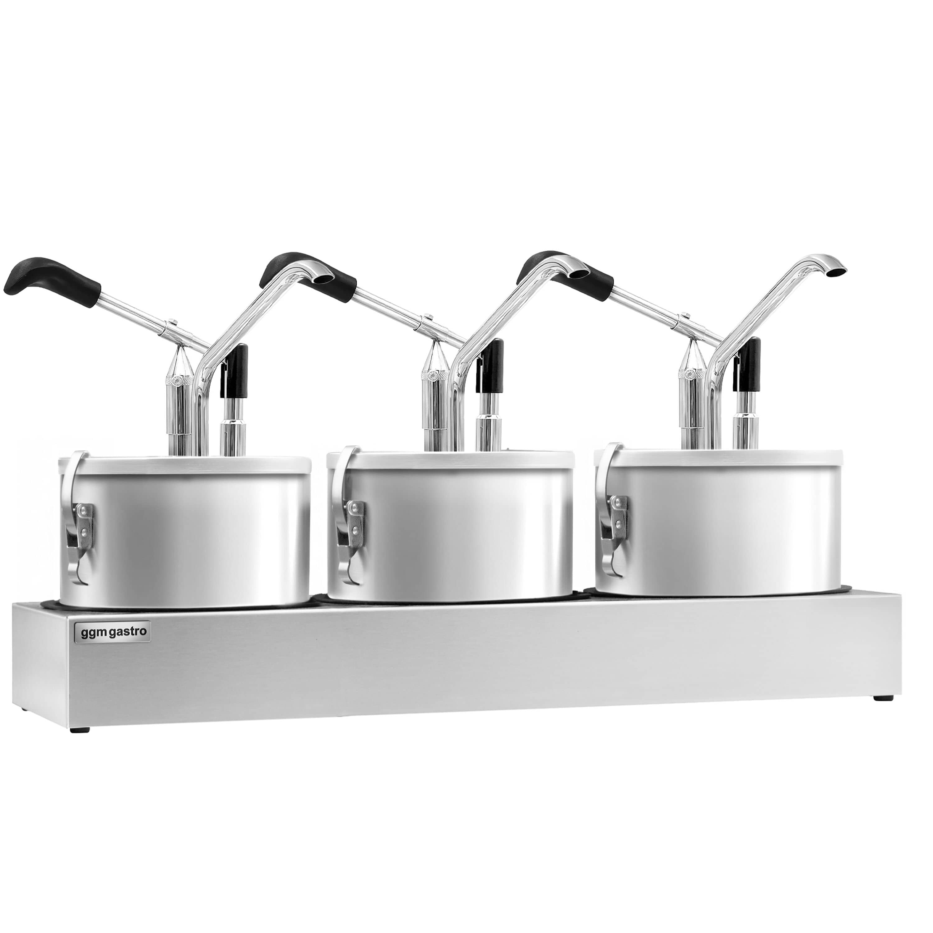 Dozator sosuri - oțel inoxidabil - 3x 4 litri - dozare 25–40 g - 600x203x350 mm - cu Recipient - incl. Suport inox dozatoare sosuri — 2