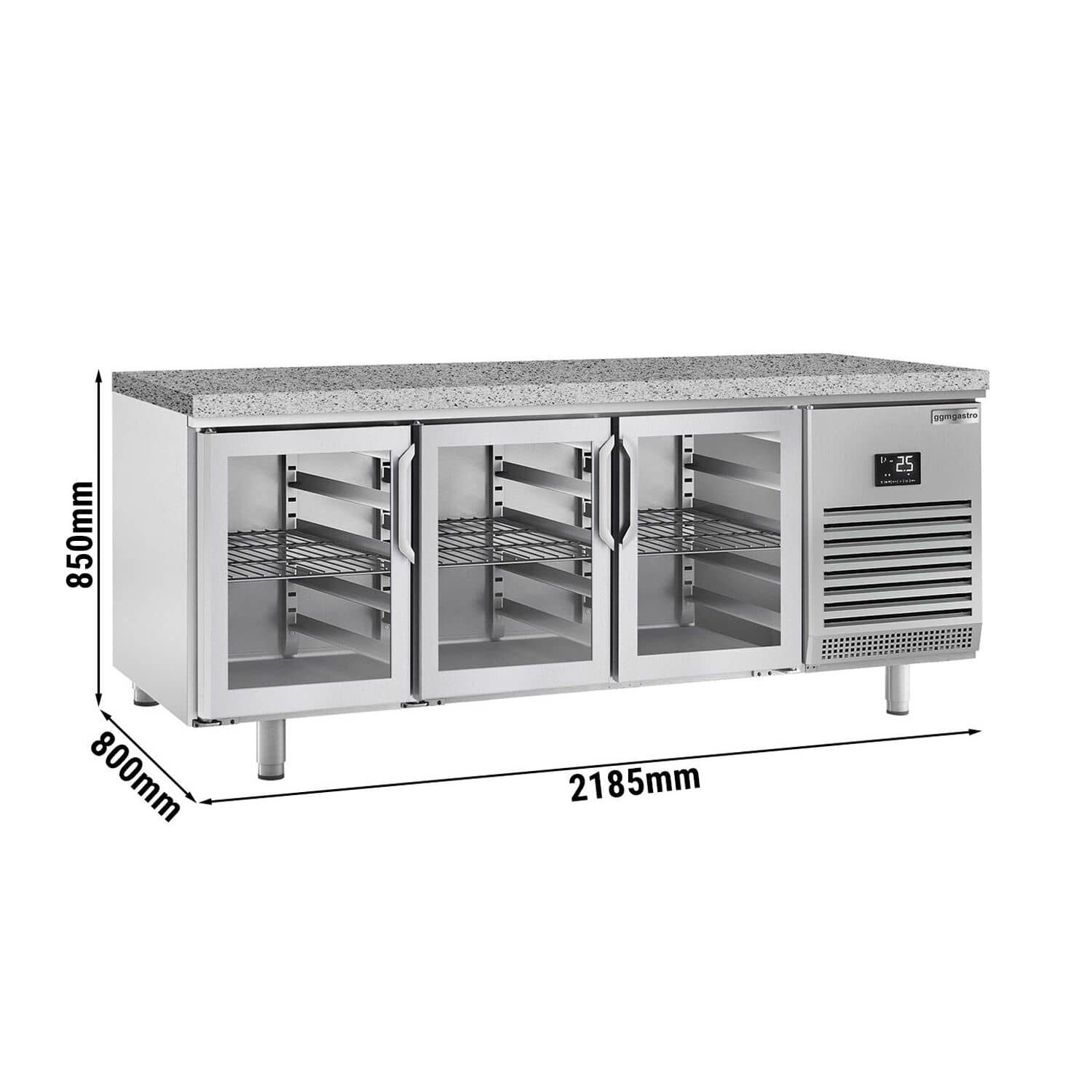 Masă frigorifică panificație Premium PLUS – 2185 x 800 mm – 3 uși din sticlă – blat din granit — 3