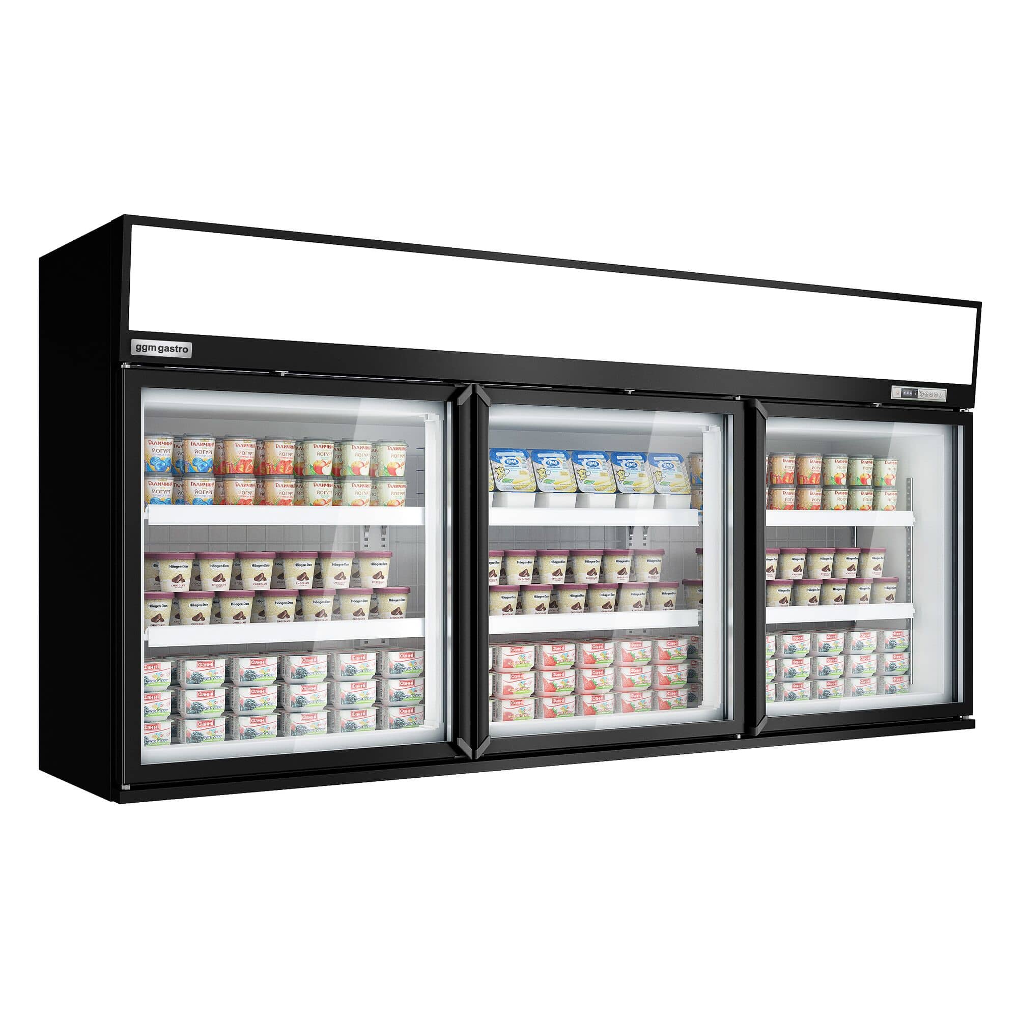 Vitrină congelatoare de perete pentru supermarket – 2100 mm – 346 litri – cu 3 uși și 2 rafturi – Negru — 2