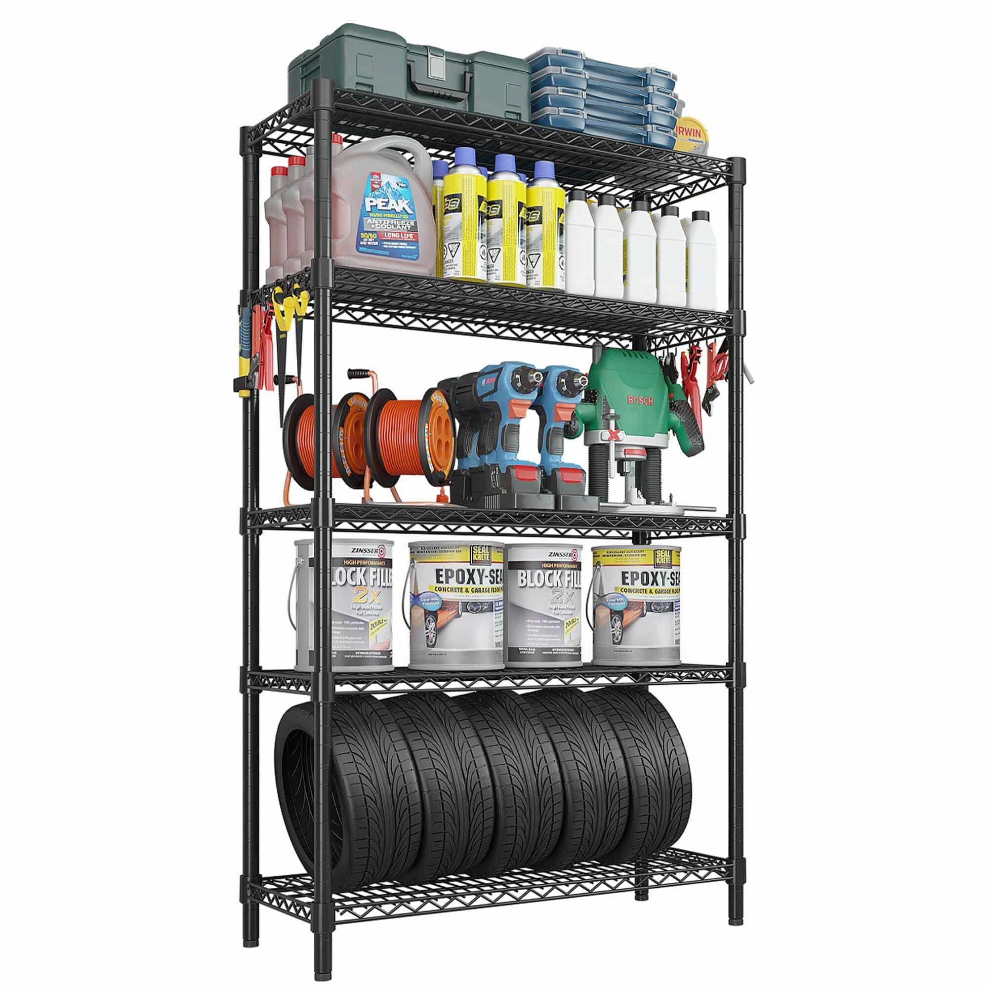 Raft metalic - Modul de bază - 900x450x(H)1800 mm - Adâncime: 450 mm - cu 5 polițe reglabile - negru - Capacitate totală: 180 kg — 4