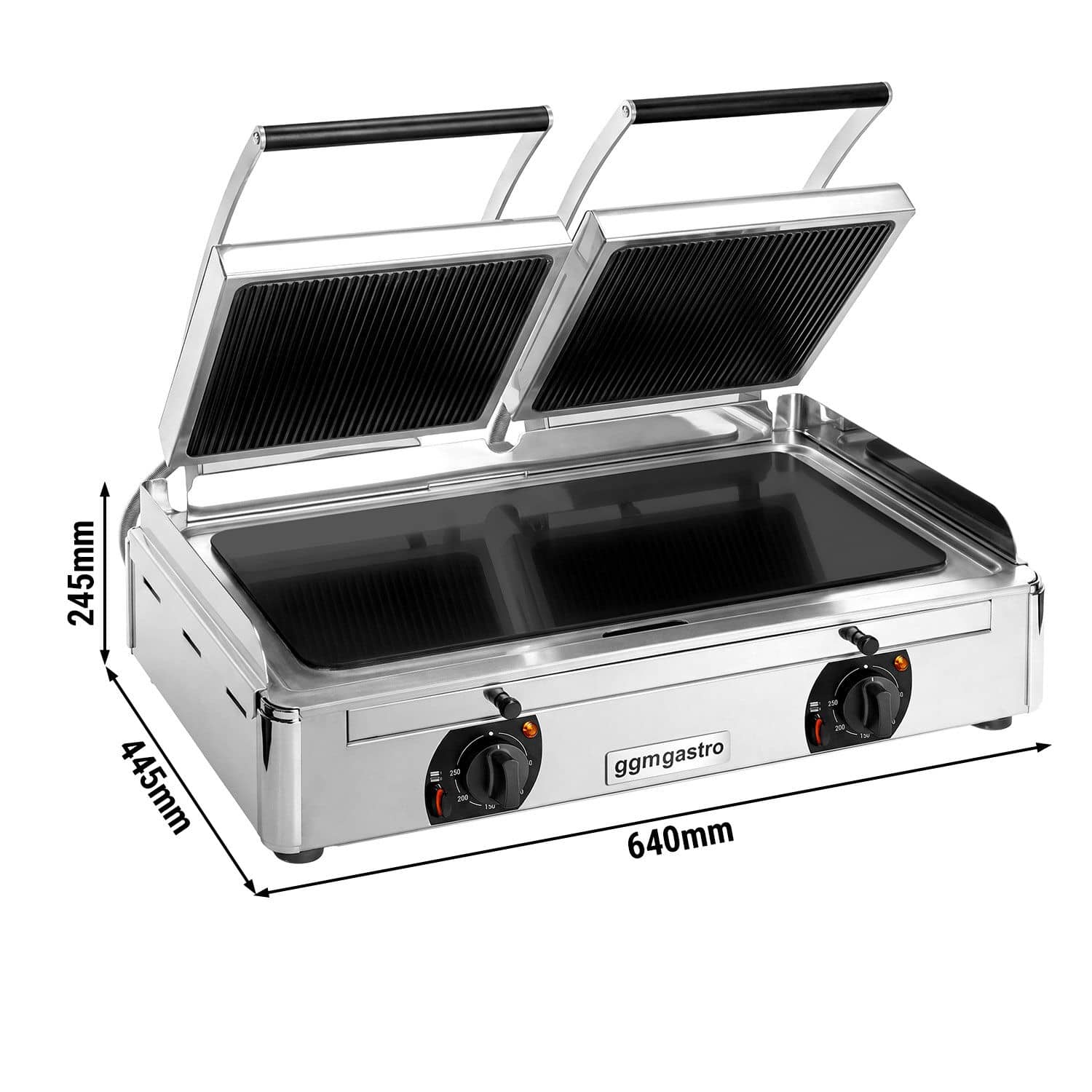 Grătar cu contact din vitroceramică – 3,4 kW – partea inferioară netedă și cea superioară striată – 2 suprafețe de gătit: 220x220 mm — 3