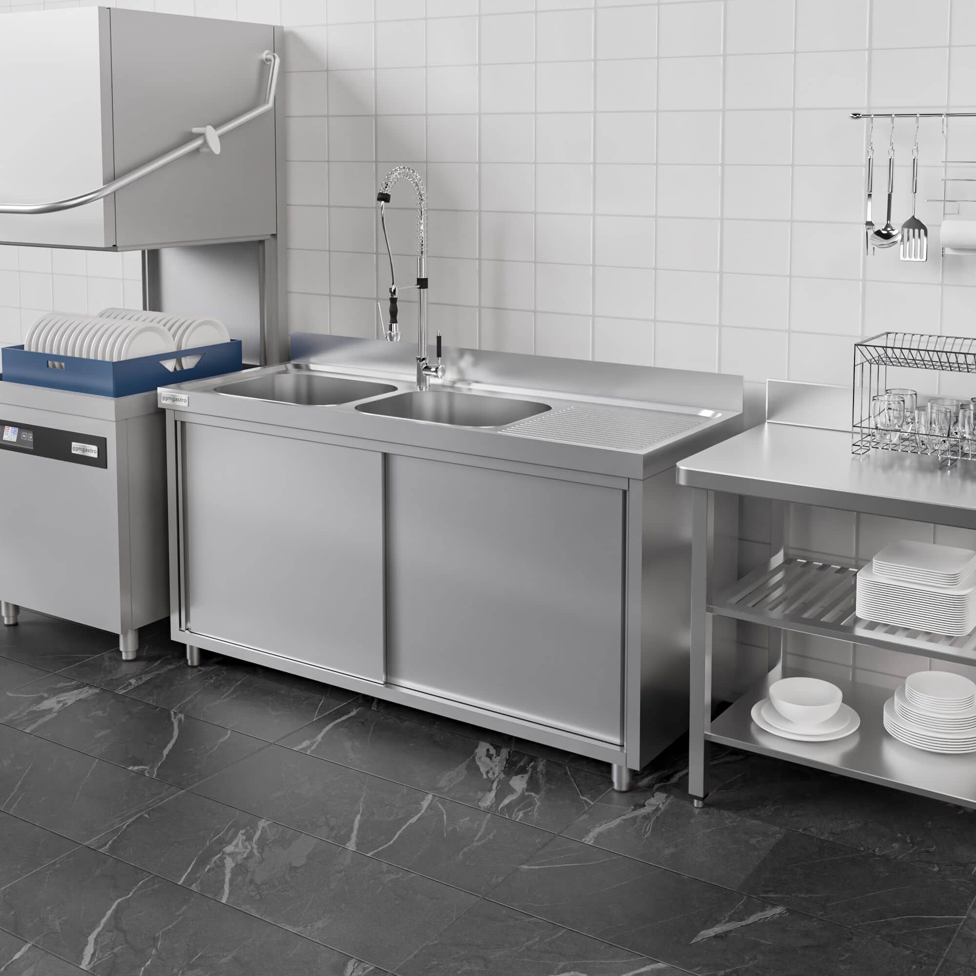 Chiuvetă tip dulap PREMIUM - din oțel inoxidabil - 1400x700 mm - cu 2 cuve pe stânga — 8