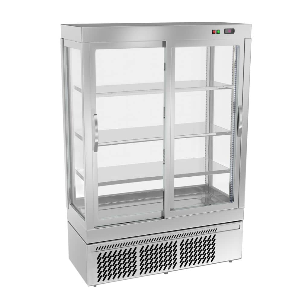 Vitrină panoramică – expunere generală verticală - 855 litri - 1320 mm - 2 uși din sticlă - geam drept - cu 3 rafturi - iluminare LED - argintiu — 4