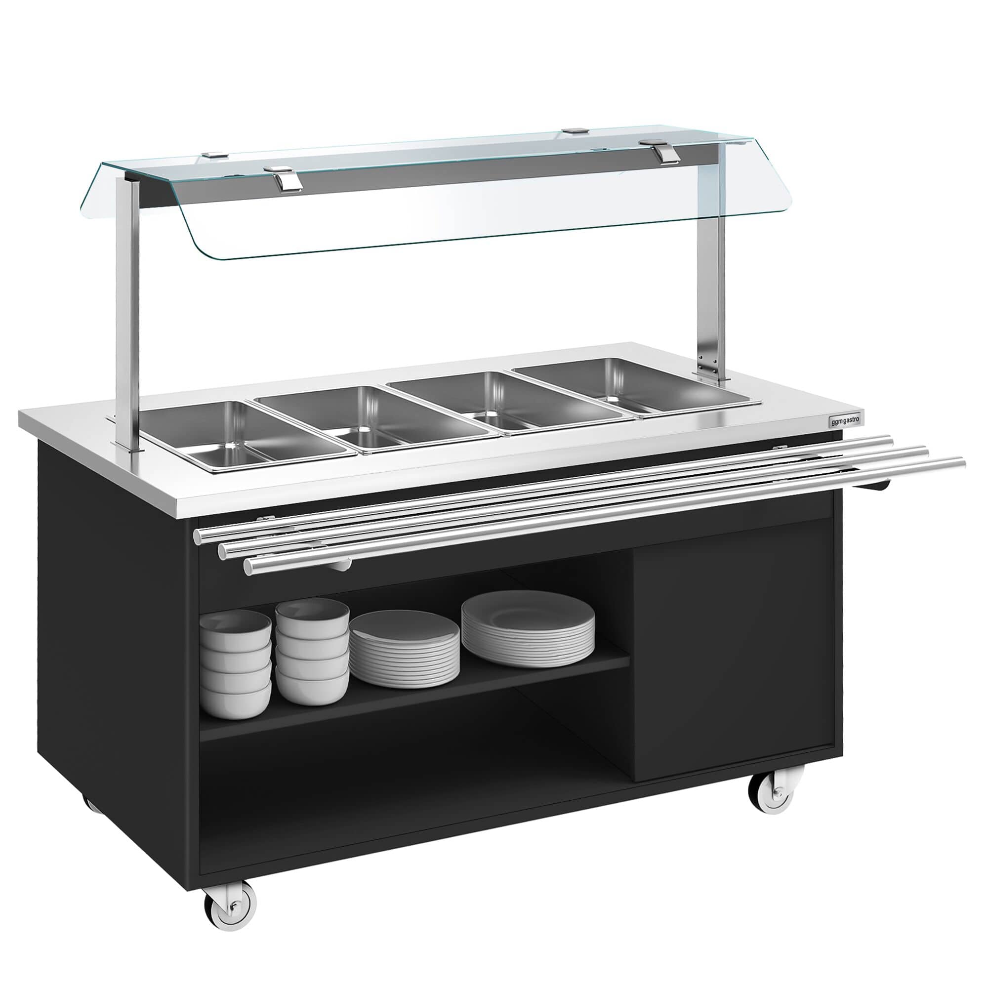 Cărucior de bufet încălzit DANZIG - 1600 mm - pentru 4 tăvi GN 1/1 - cu tobogan pentru tăvi - Negru — 4