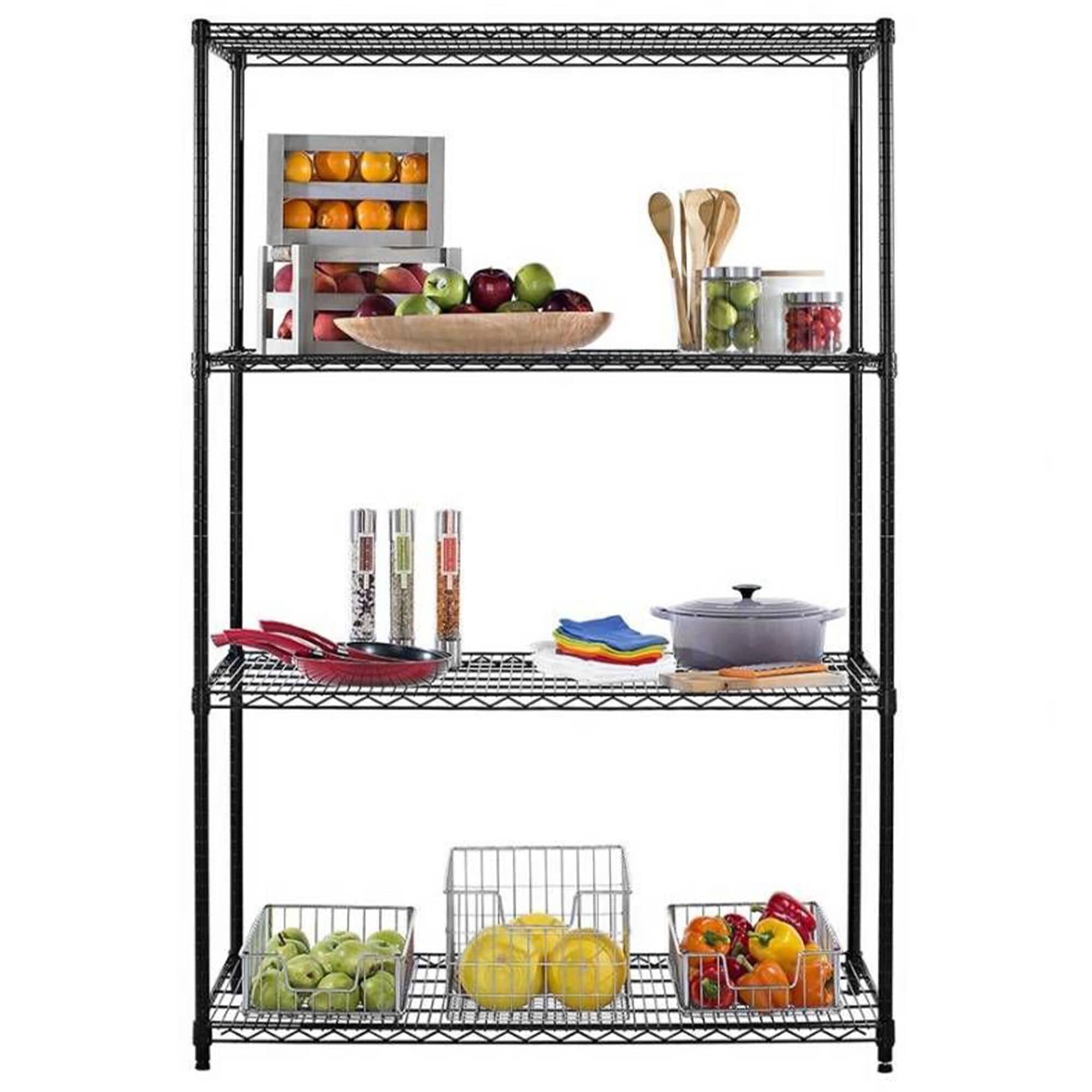 Raft metalic - Modul de bază - 900x450x(H)1800 mm - Adâncime: 450 mm - cu 4 polițe grilaj - negru - Capacitate totală: 180 kg — 6
