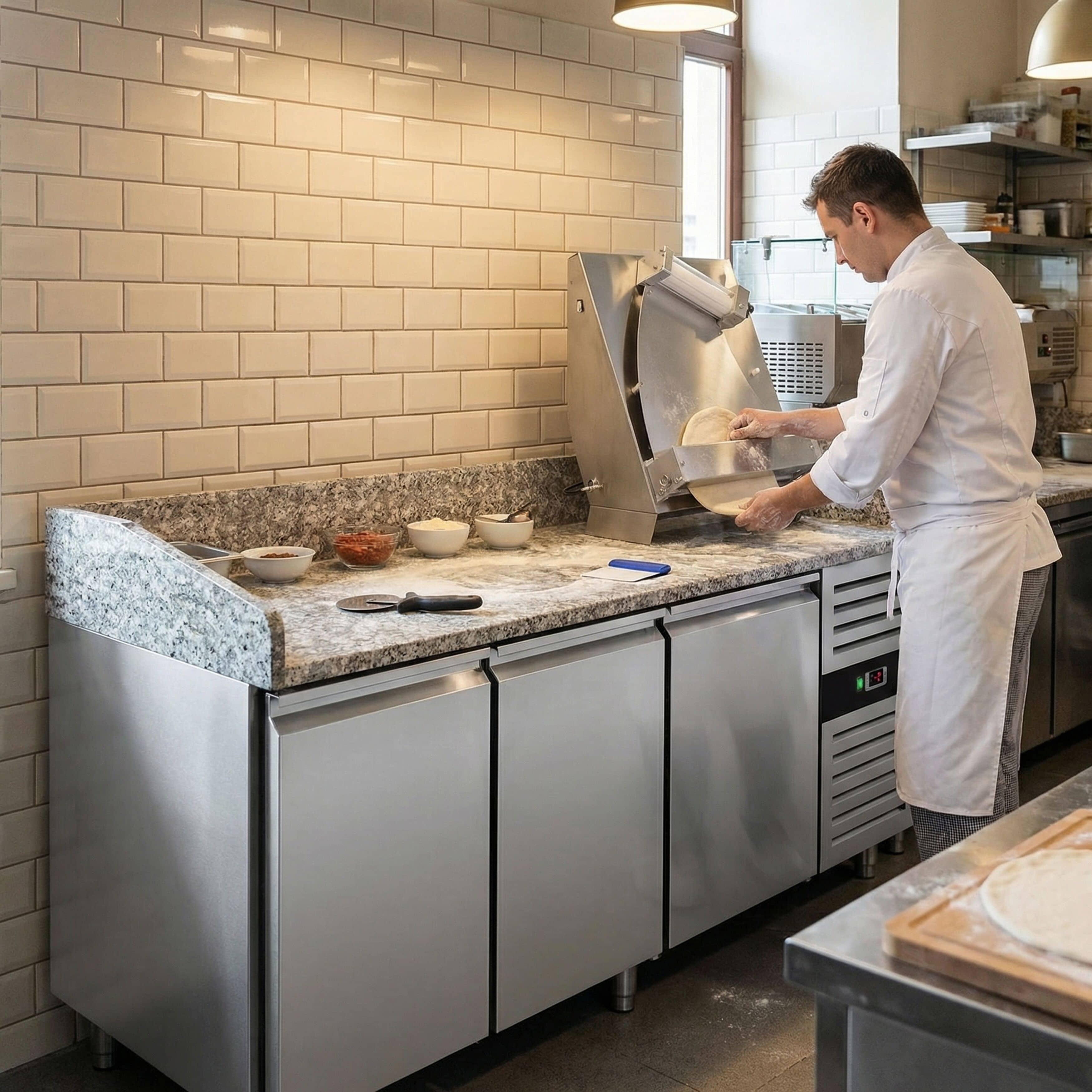Masă frigorifică pentru preparare pizza ECO - cu blat din granit - 2025x800 mm - cu 3 uși — 12