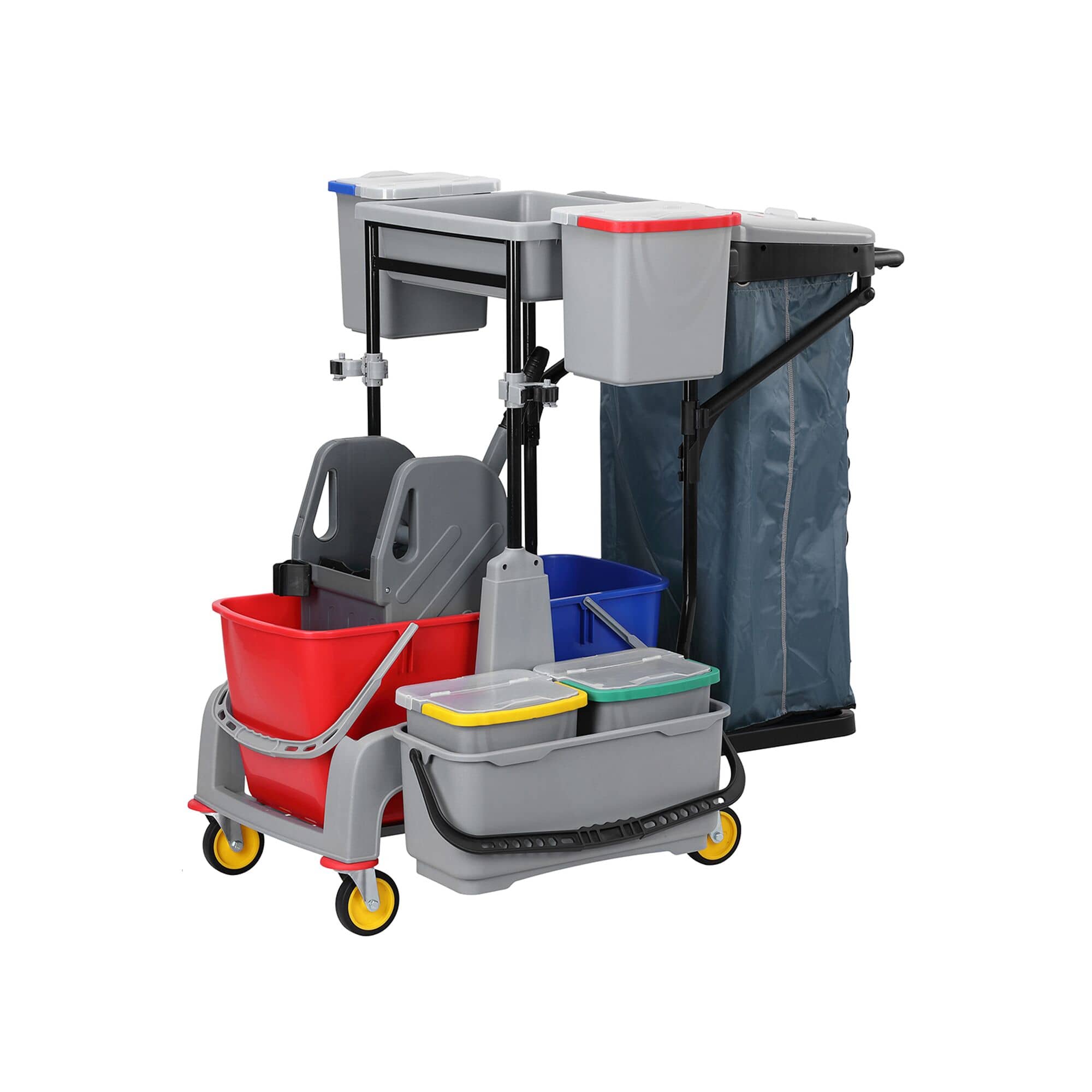 Cărucior de curățenie – 6 recipiente, storcător de mop, sac pentru rufe și raft — 2