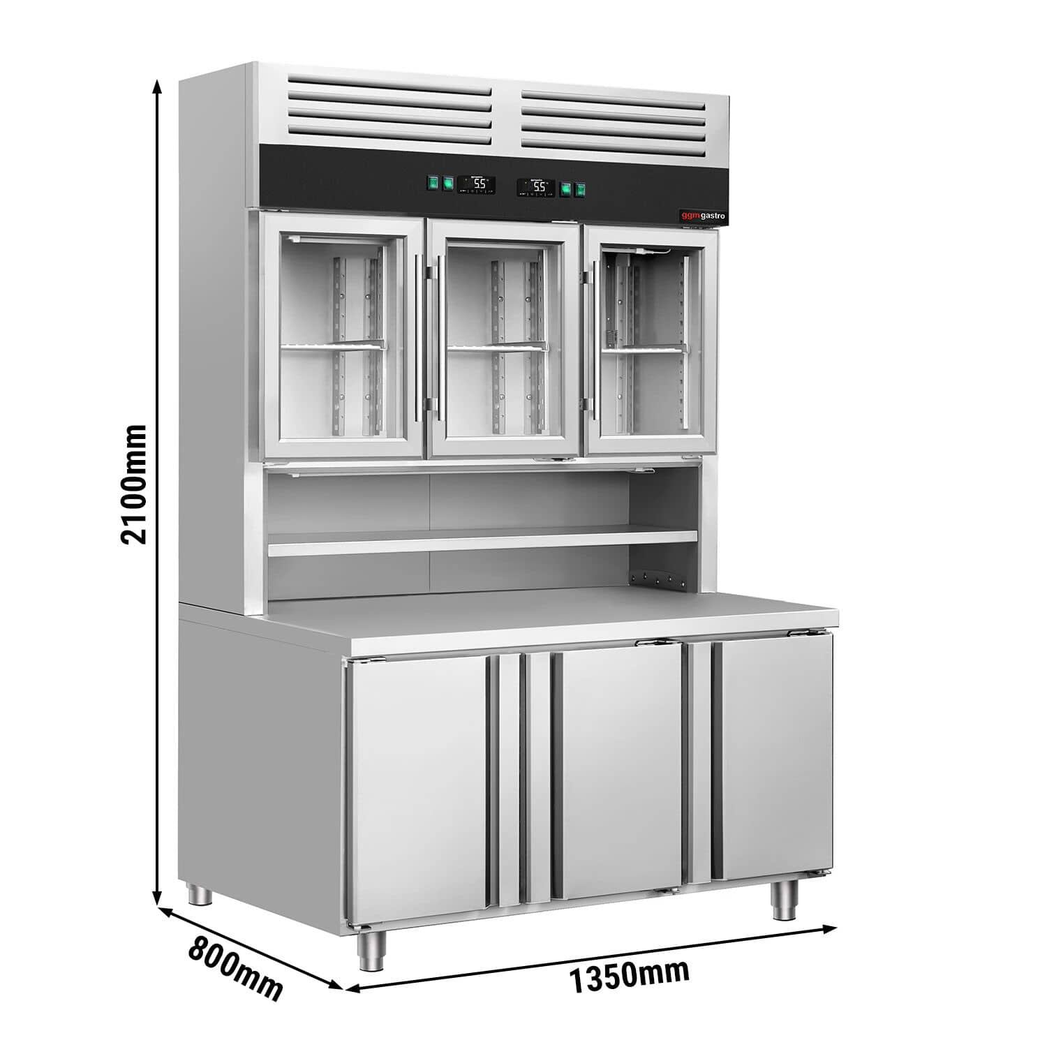 Masă frigorifică cu vitrină frigorifică verticală - 1350x800 mm - 520 L - cu 3 uși din sticlă - spate cu 3 uși - sticlă dublă - blat lucru — 3