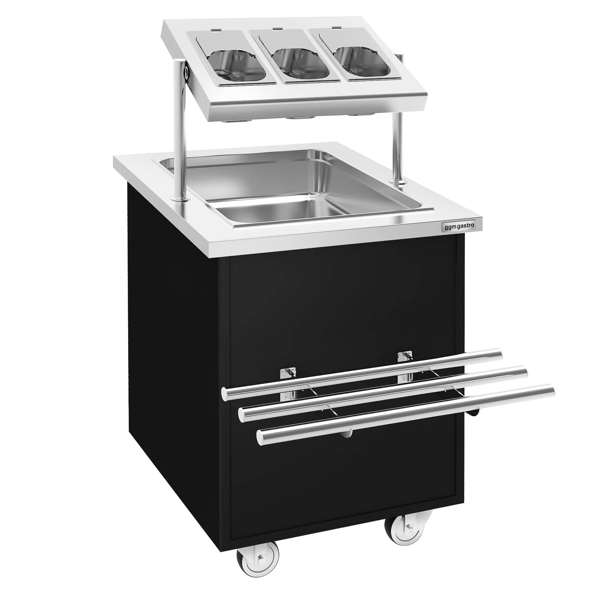 Cărucior de servire și distribuire a tacâmurilor DANZIG – 700 mm – cu tobogan pentru tăvi – Negru — 4