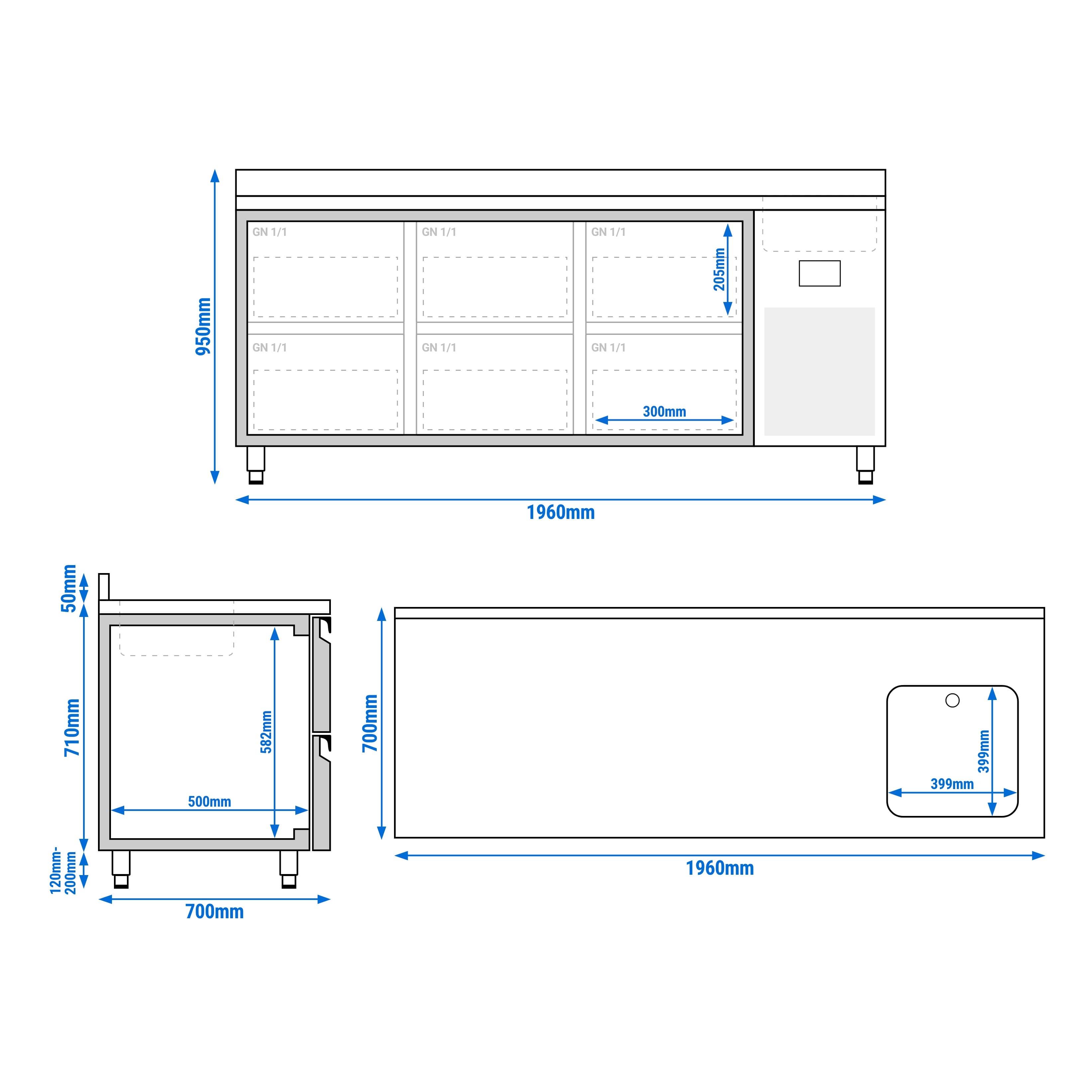 Masă frigorifică Premium PLUS – 1960 x 700 mm – cu 1 cuvă, 6 sertare – margine ridicată — 8