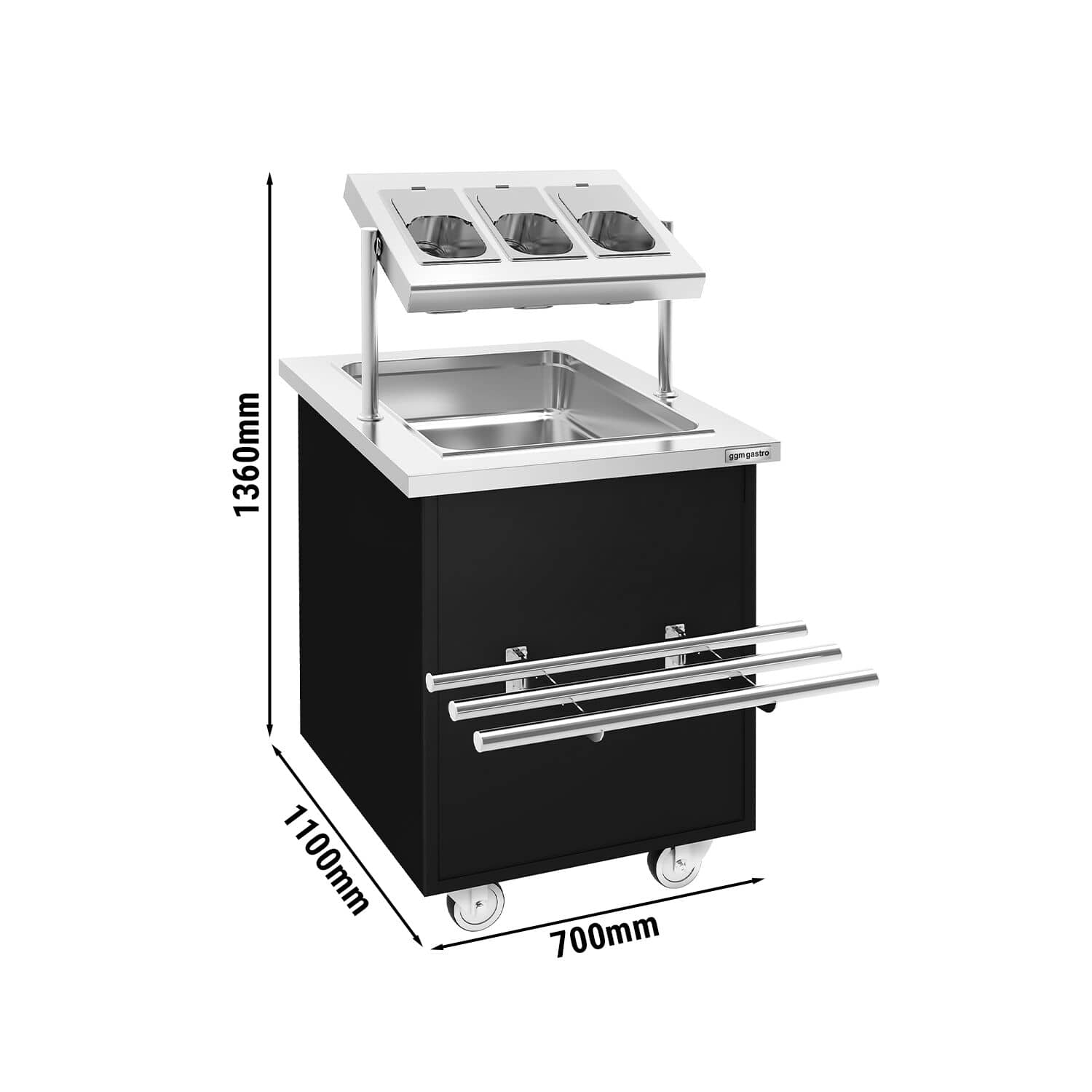 Cărucior de servire și distribuire a tacâmurilor DANZIG – 700 mm – cu tobogan pentru tăvi – Negru — 3
