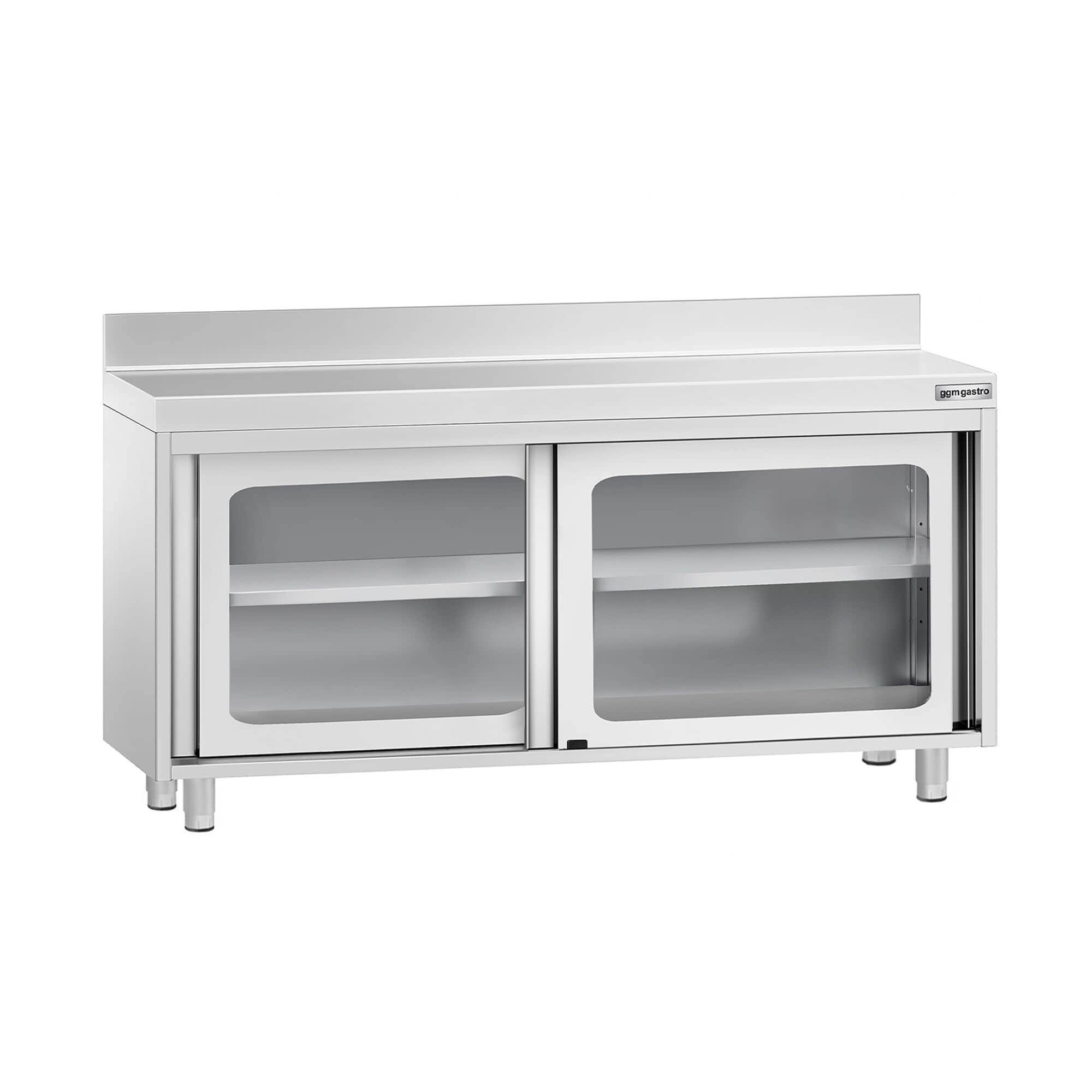 Masă de lucru tip dulap din oțel inoxidabil PREMIUM - 1600x700 mm - uși glisante din sticlă - cu rebord — 2