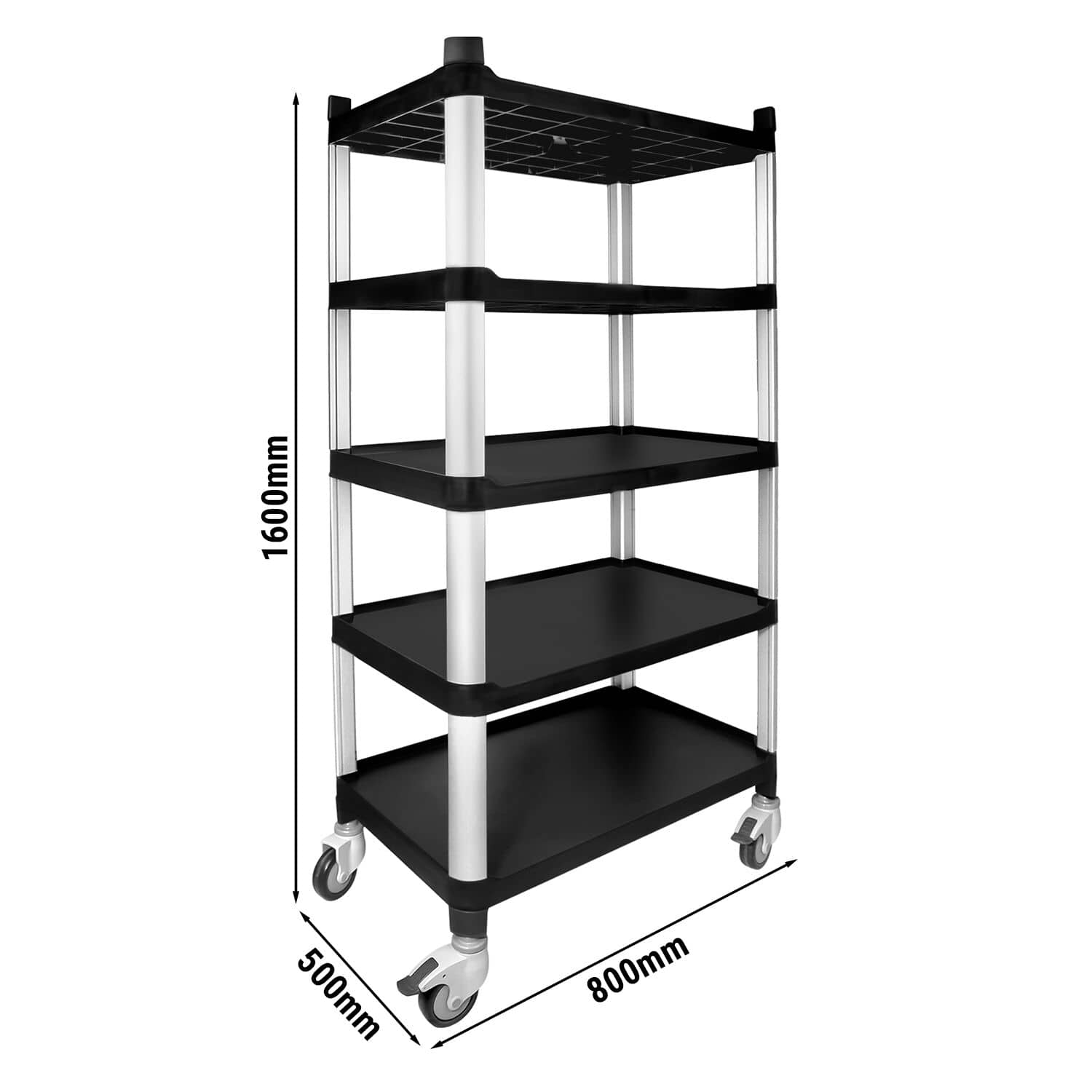 Raft din plastic alimentar - Modul de bază - 800x500x(H)1600 mm - Adâncime: 500 mm - cu 5 polițe - pe roți - Capacitate: 50 kg/poliță (250 kg total) — 3