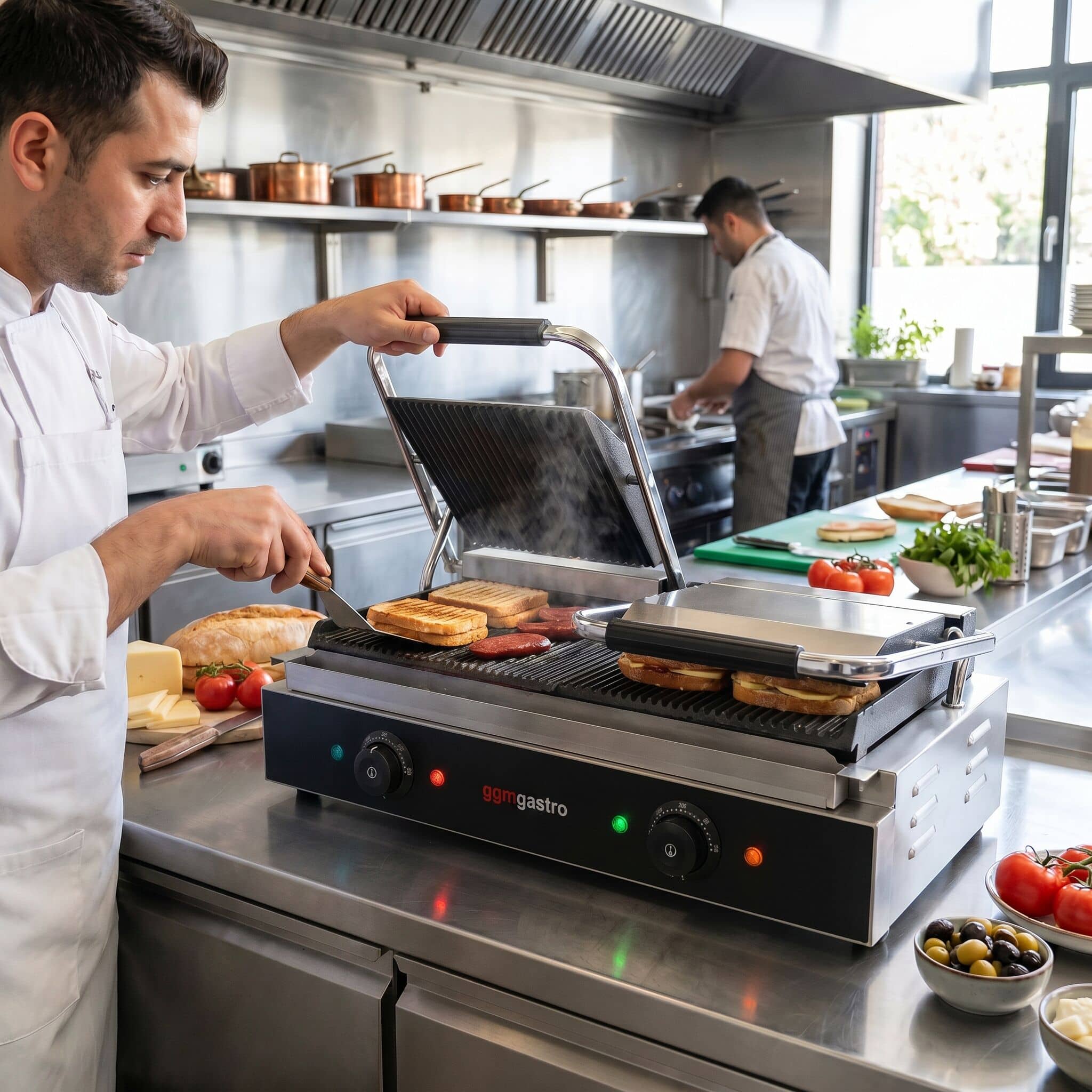 Grătar de contact / Grătar pentru hamburgeri – 3,6 kW – cu grătare sus și jos – Suprafață de gătit: 485x235 mm — 10