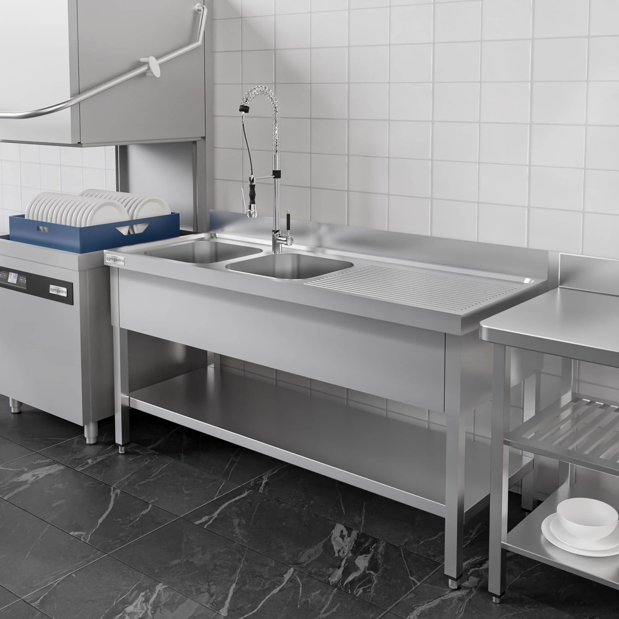 Chiuvetă profesională pentru oale PREMIUM - 1800x700 mm - cu poliță inferioară - cu 2 cuve — 12