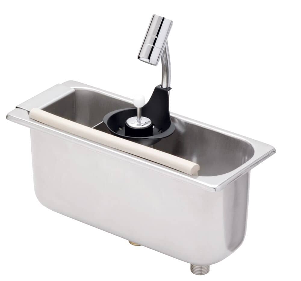 Dispozitiv clătire porționator înghețată  - 269x110x115 mm - cu supapă antiretur - incl. tavă sită, țeavă preaplin, profil de lovire, suport de scurgere pentru porționator — 4