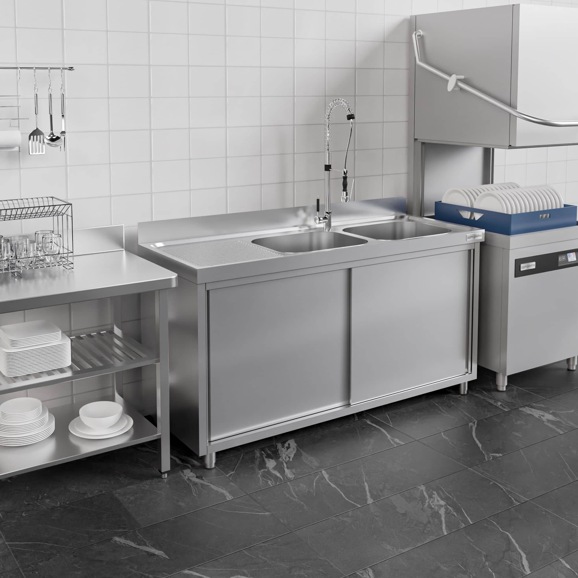 Chiuvetă tip dulap PREMIUM - din oțel inoxidabil - 1400x600 mm - cu 2 cuve pe dreapta — 8