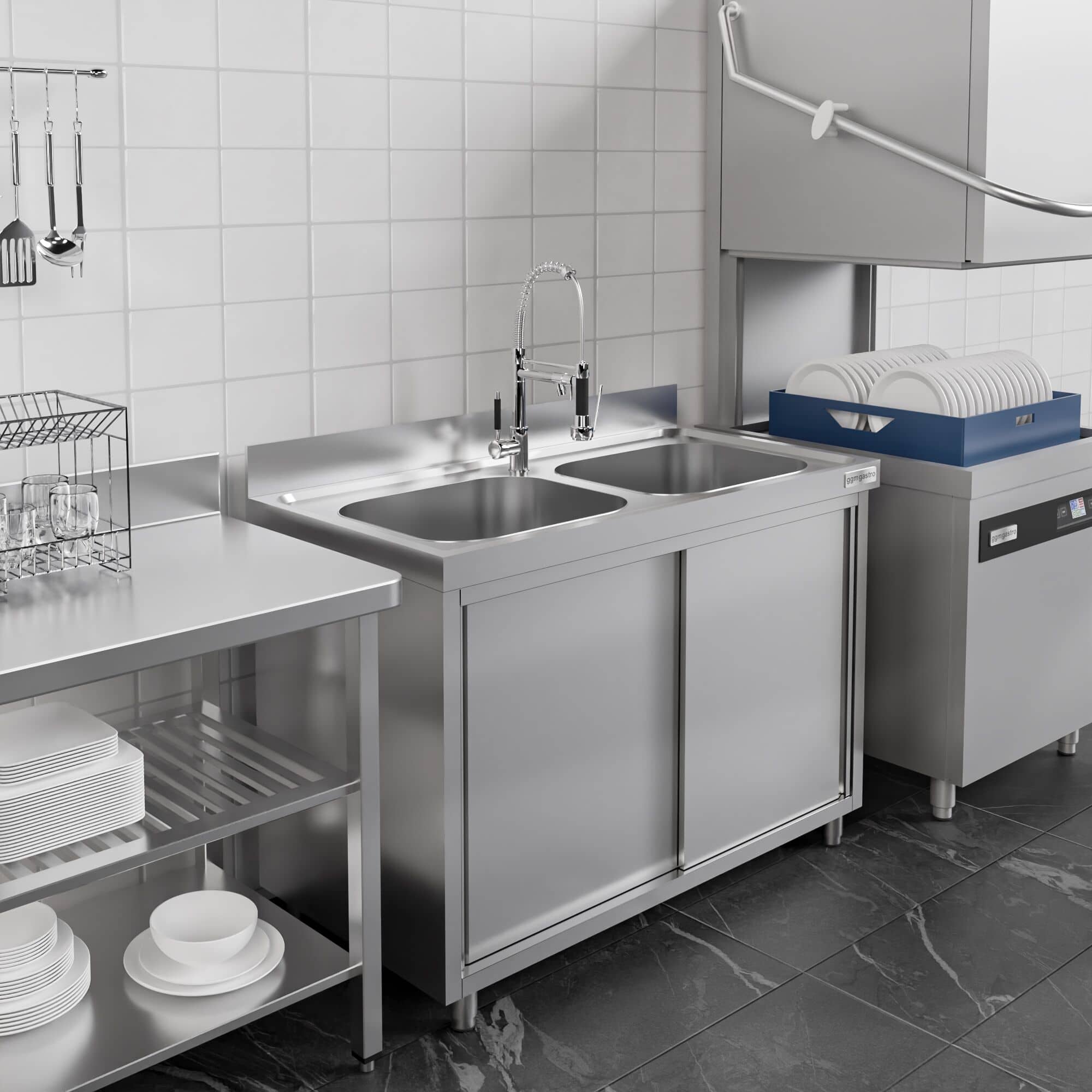 Chiuvetă tip dulap PREMIUM - din oțel inoxidabil - 1600x600 mm - cu 2 cuve centrale — 13