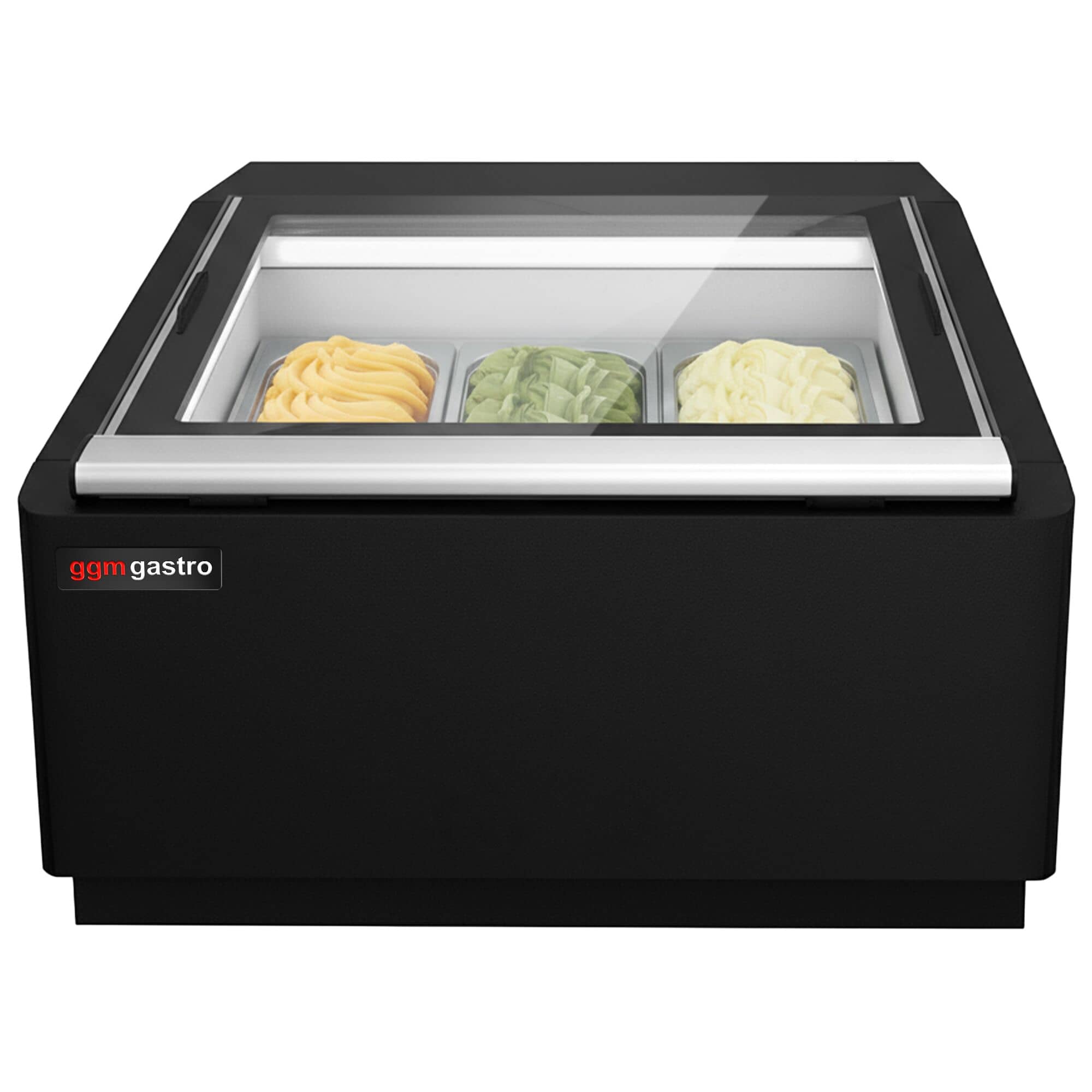 Vitrină de masă pentru înghețată - 670 mm - statică - pentru 3x cuve/vaschete de 5 litri pentru înghețată - geamuri încălzite - negru - deschidere capac spre partea de operare — 4