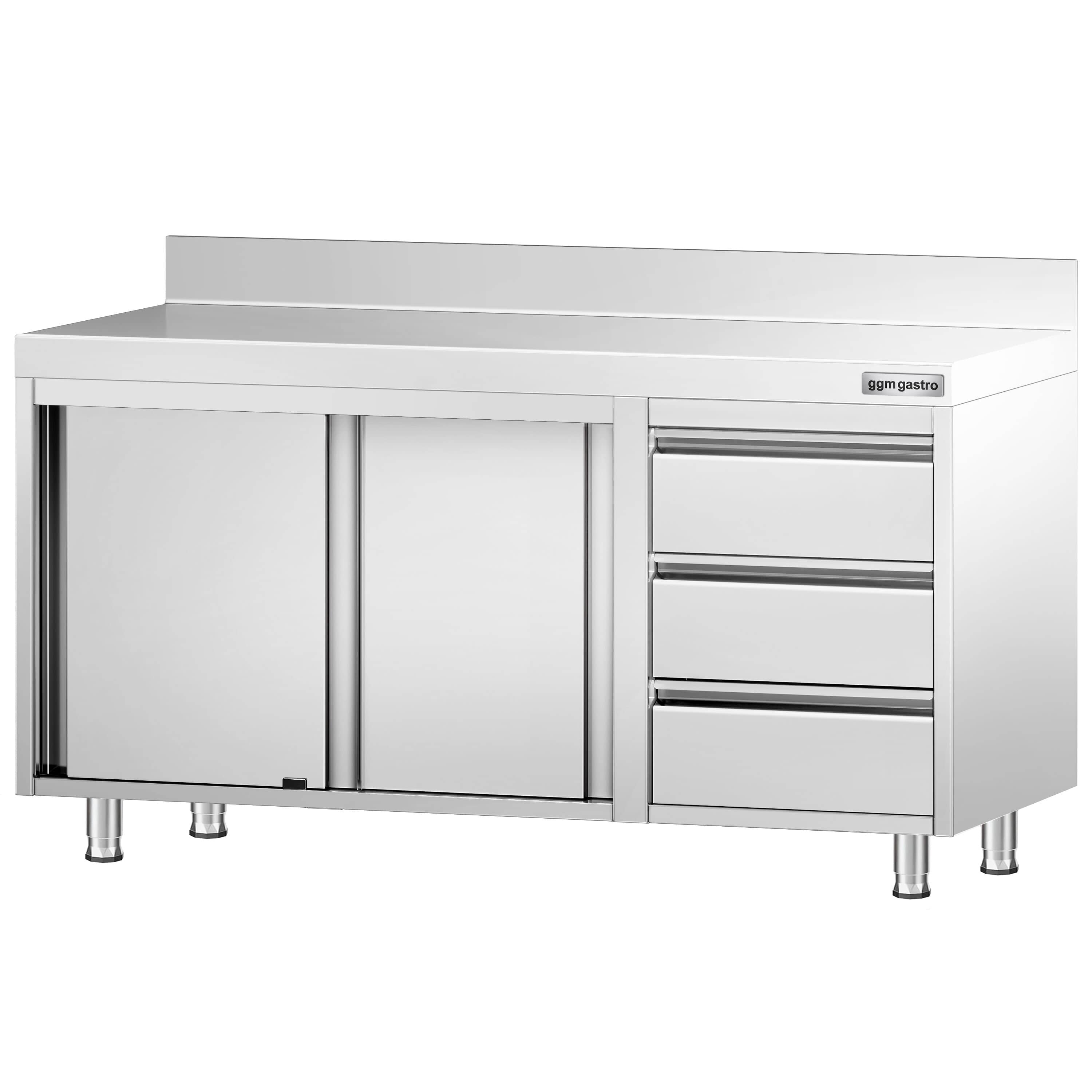 Dulap de lucru din oțel inoxidabil PREMIUM – 1400 x 700 mm – cu 3 sertare pe partea dreaptă și rebord — 6
