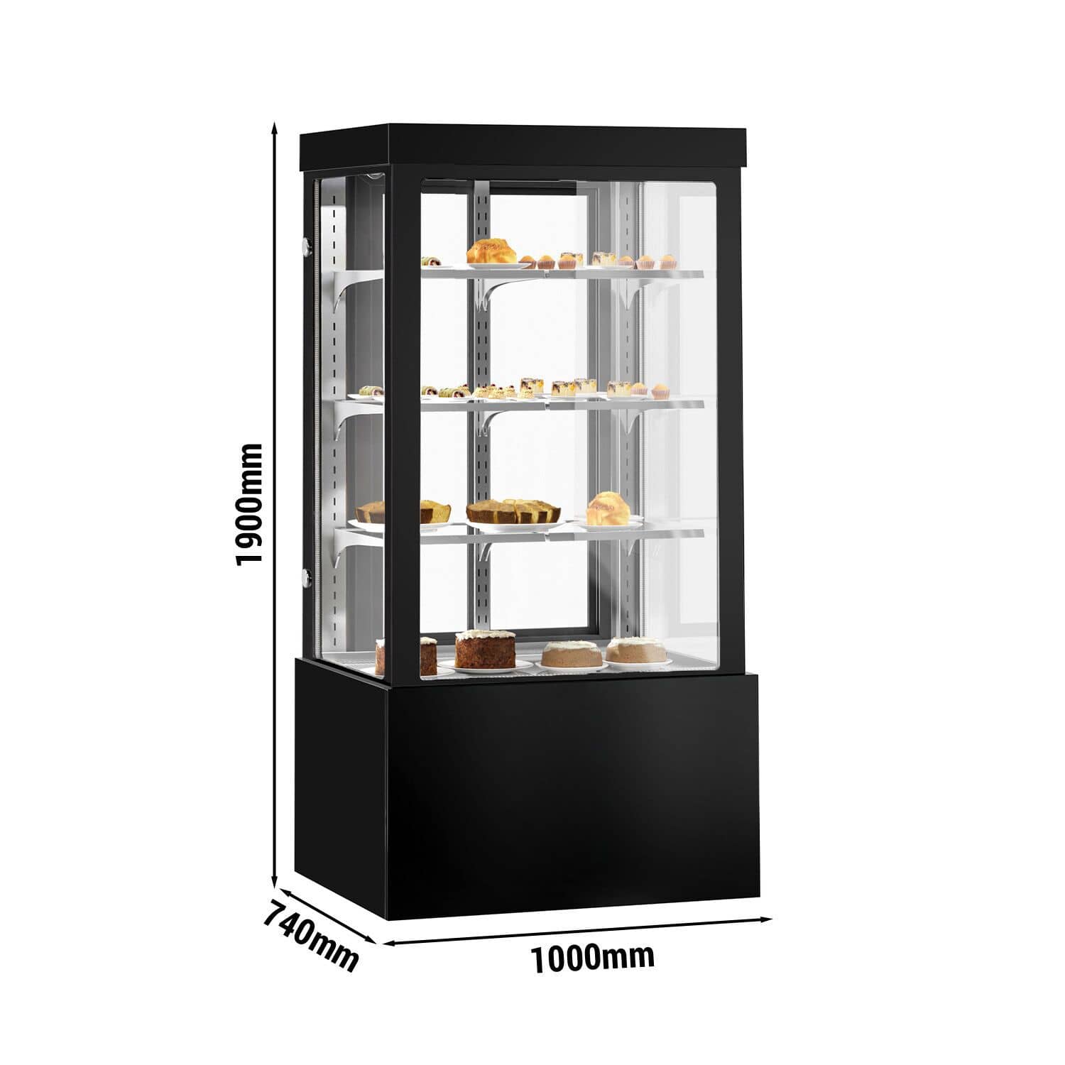Vitrină frigorifică și pentru prăjituri – 1000 mm – geam dublu – cu 3 rafturi și fațadă oglindă – negru — 3