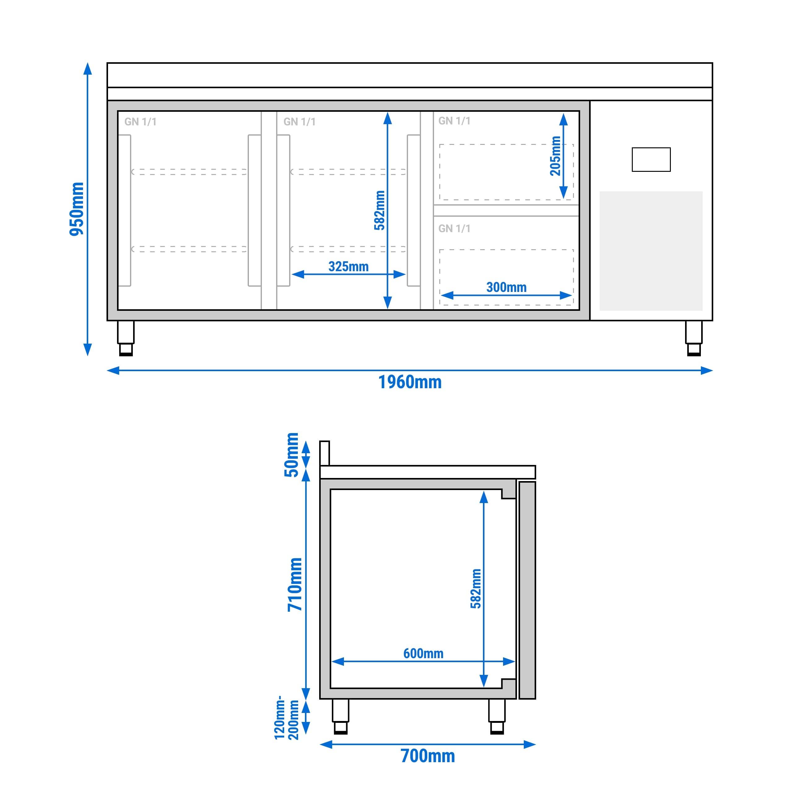 Masă frigorifică Premium PLUS – 1960 x 700 mm – cu 2 uși – 2 sertare – cu rebord — 14