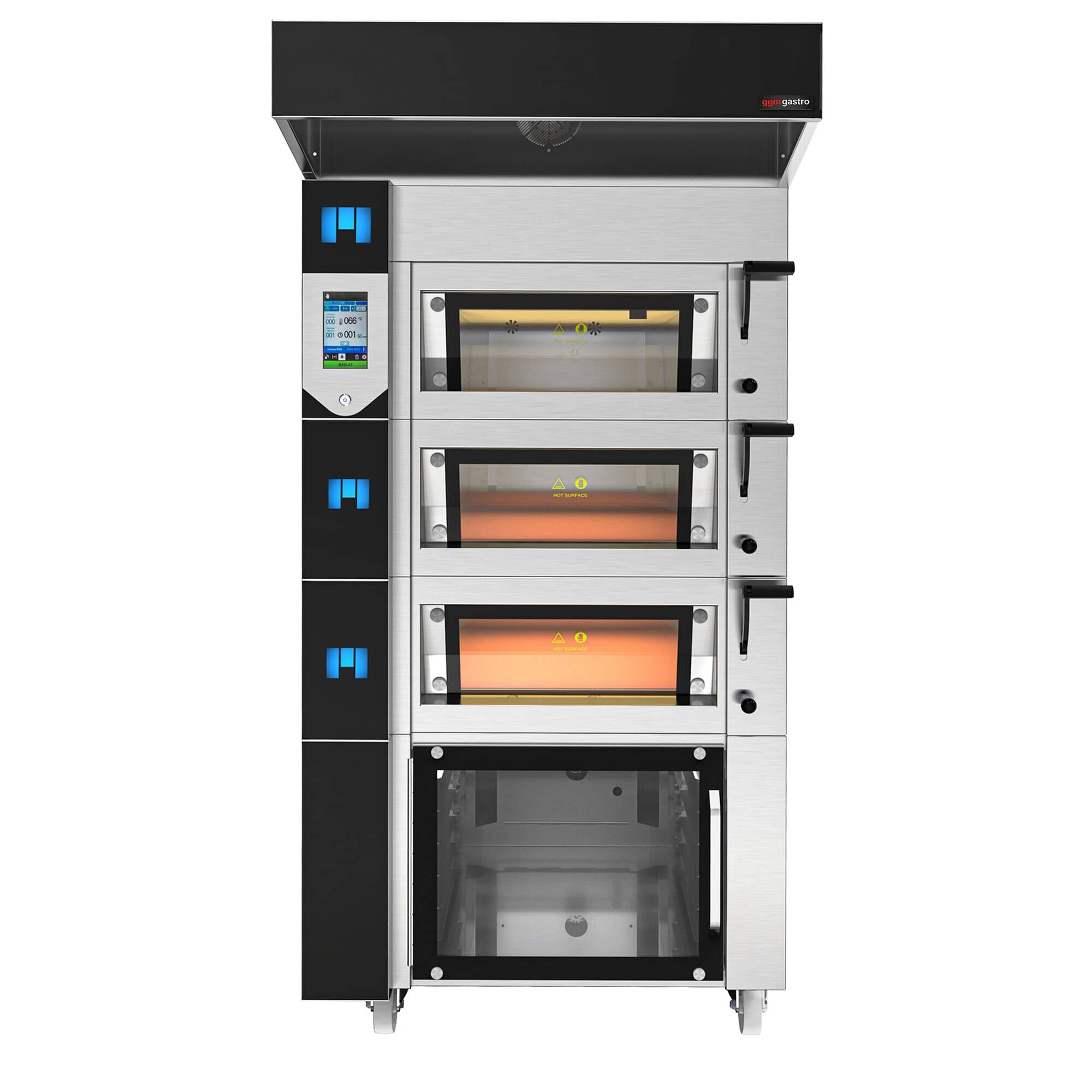 Electric Cuptor cu vatră modular pentru brutării cu umidificare & Dospitor - Touchscreen - 3 camere de coacere - incl. Hotă & Cadru inferior & Raft dospitor — 2