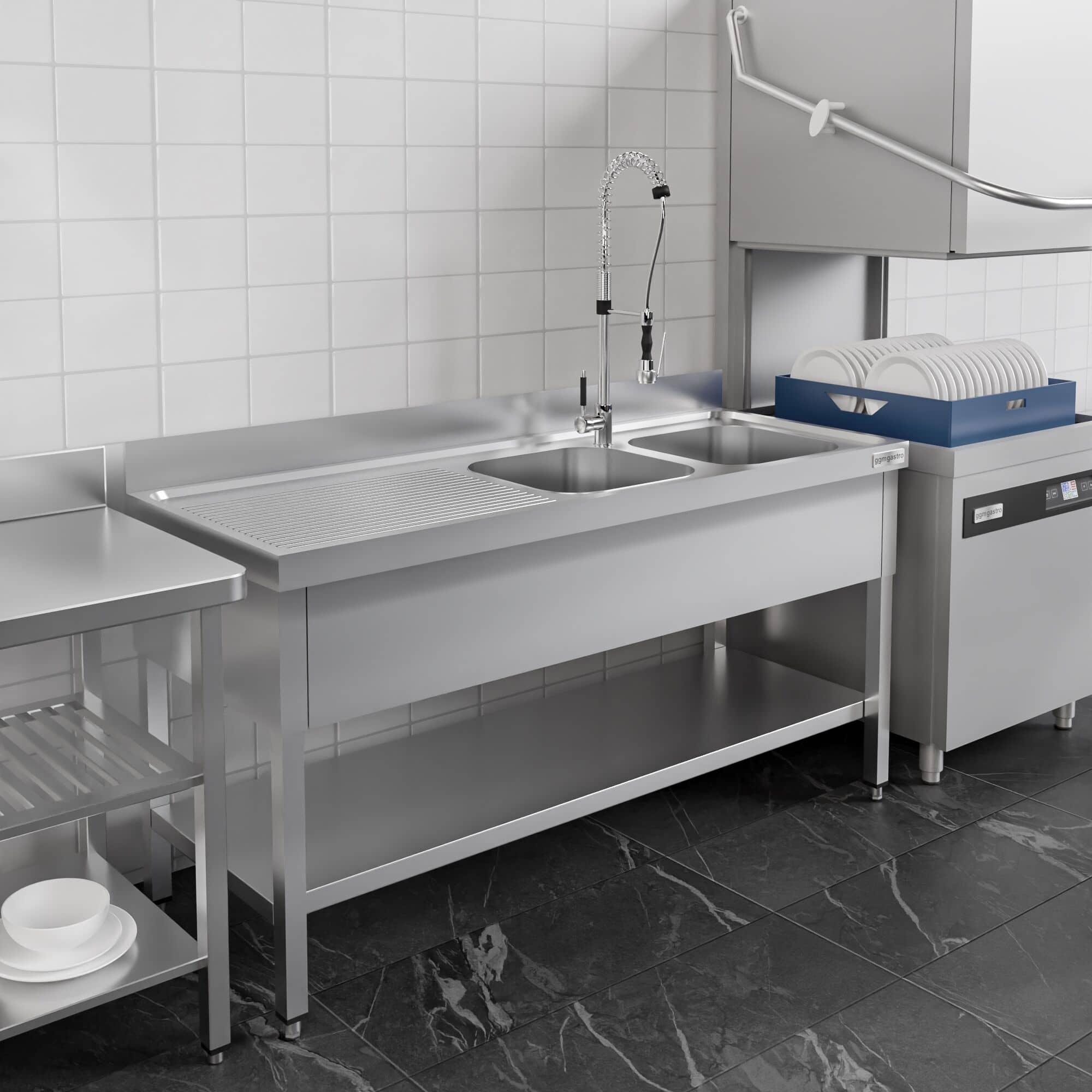 Chiuvetă profesională PREMIUM - 1800x600 mm - cu poliță inferioară - cu 2 cuve — 12