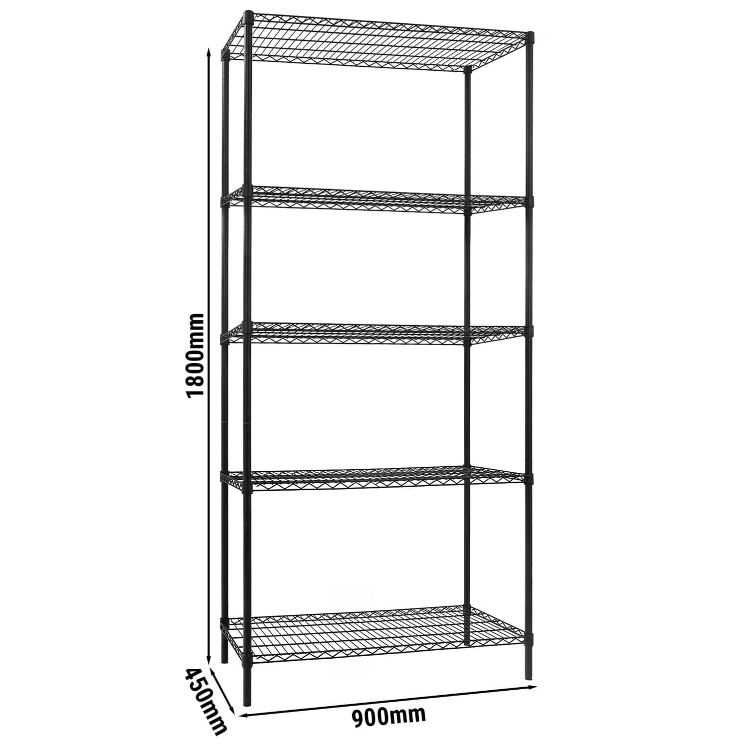 Raft metalic - Modul de bază - 900x450x(H)1800 mm - Adâncime: 450 mm - cu 5 polițe reglabile - negru - Capacitate totală: 180 kg — 3