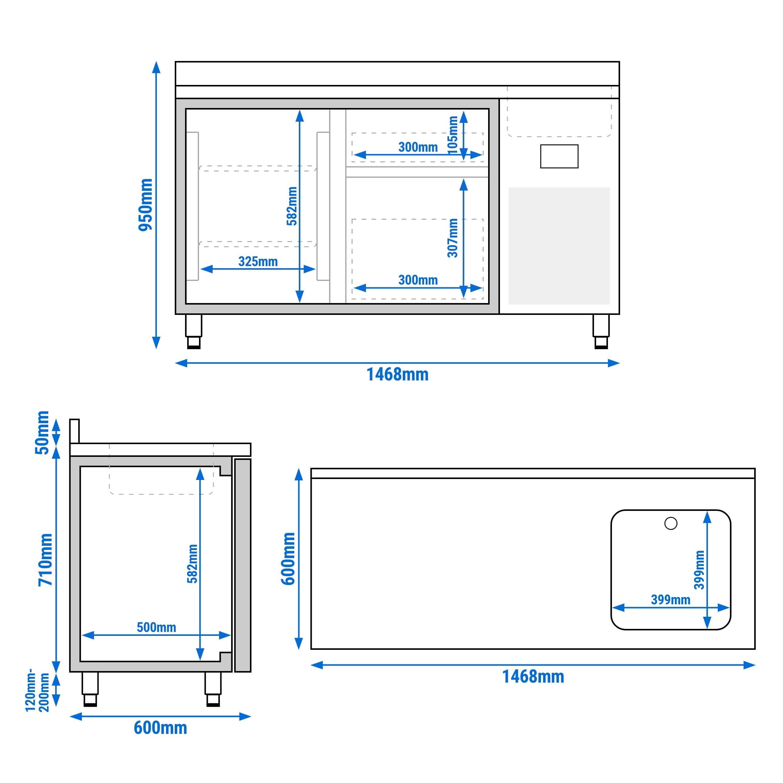 Masă frigorifică PREMIUM PLUS - 1468x600 mm - 250 L - cu 1 uși - cu 2 sertare - bordură - blat lucru — 12