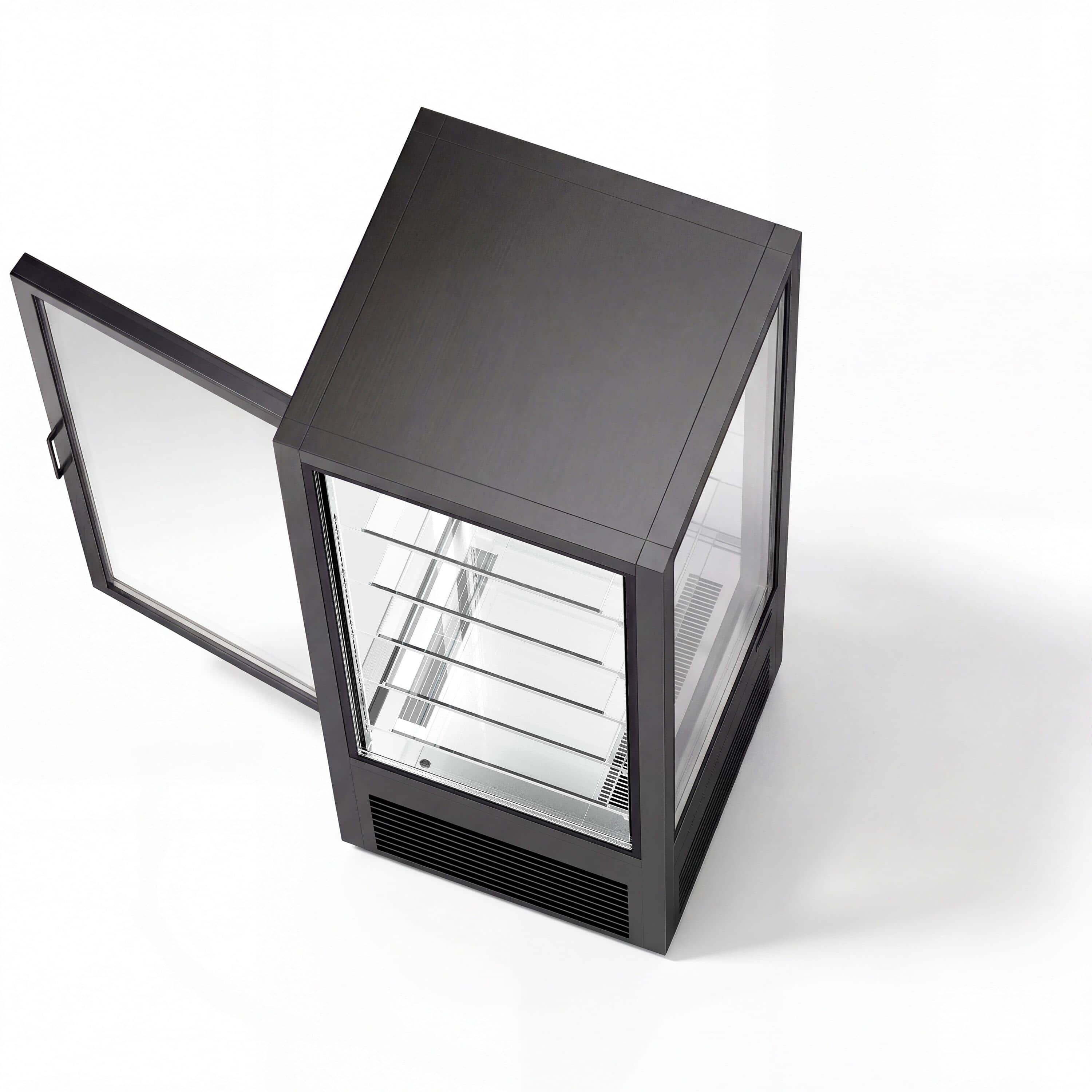 Vitrină panoramică - 440 litri - 675 mm - 1 ușă din sticlă - geam drept - cu 5 rafturi - iluminare LED; 360°/cu geam pe 4 fețe - negru — 7