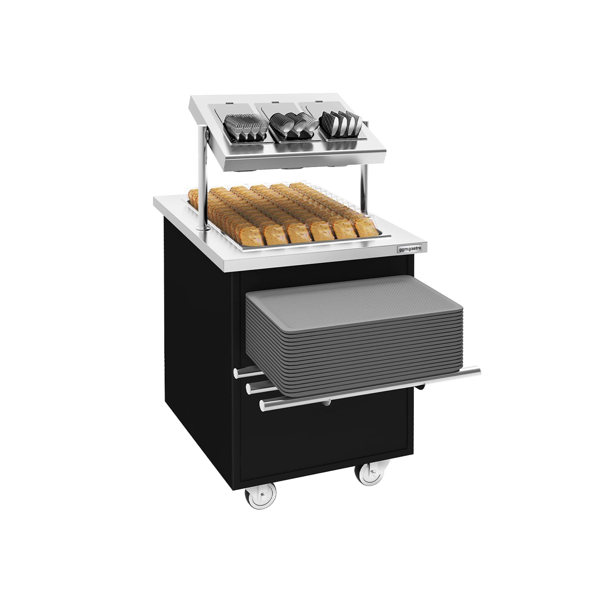 Cărucior de servire și distribuire a tacâmurilor DANZIG – 700 mm – cu tobogan pentru tăvi – Negru — 2