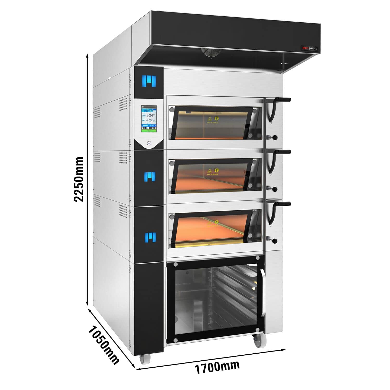Electric Cuptor cu vatră modular pentru brutării cu umidificare & Dospitor - Touchscreen - 3 camere de coacere - incl. Hotă & Cadru inferior & Raft dospitor — 3