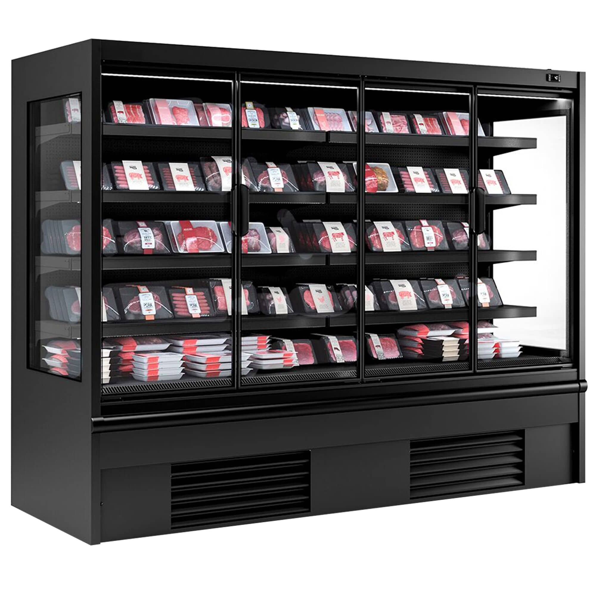 Raft frigorific - 2580 mm - 910 litri - +2°C/+4°C - cu 4 uși din sticlă cu geam dublu uși cu balamale & 4 polițe - negru — 4