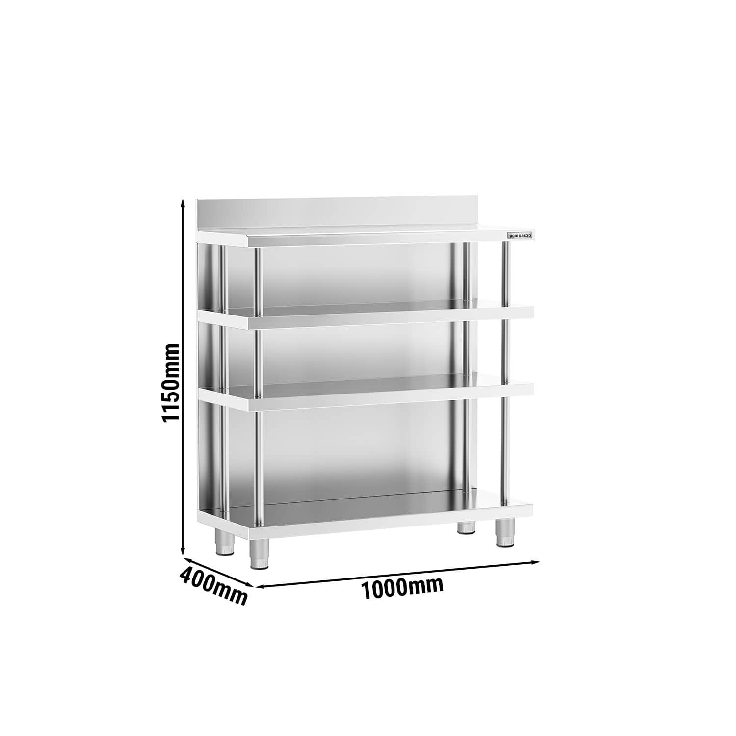 Masă de lucru - din oțel inoxidabil - 1000x400 mm - cu 4 polițe & rebord — 3