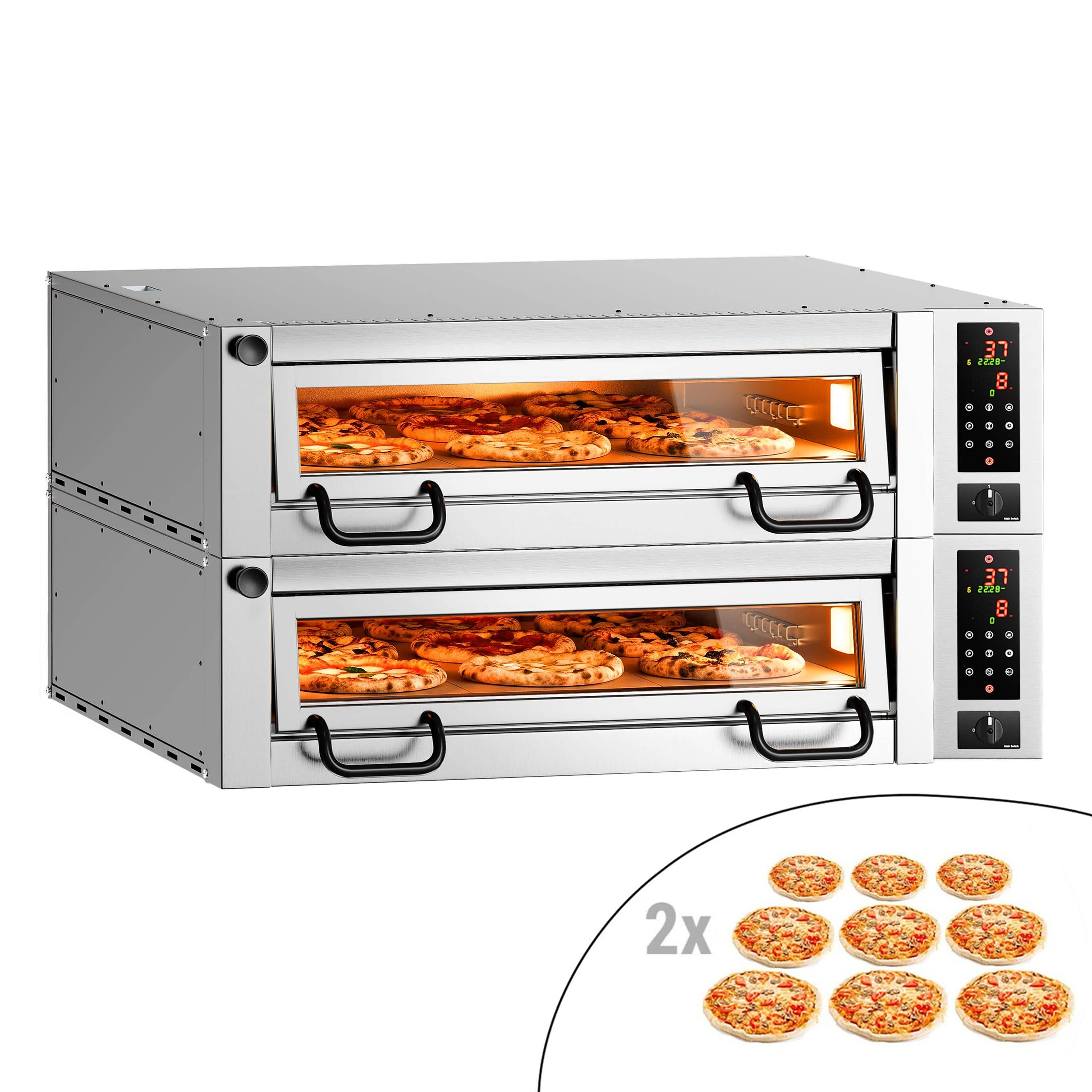 Cuptor pizza electric (vatră din șamotă) - 1462x1360x720 mm - 9+9 x Ø 34 cm - până la 450 °C - Control digital — 2