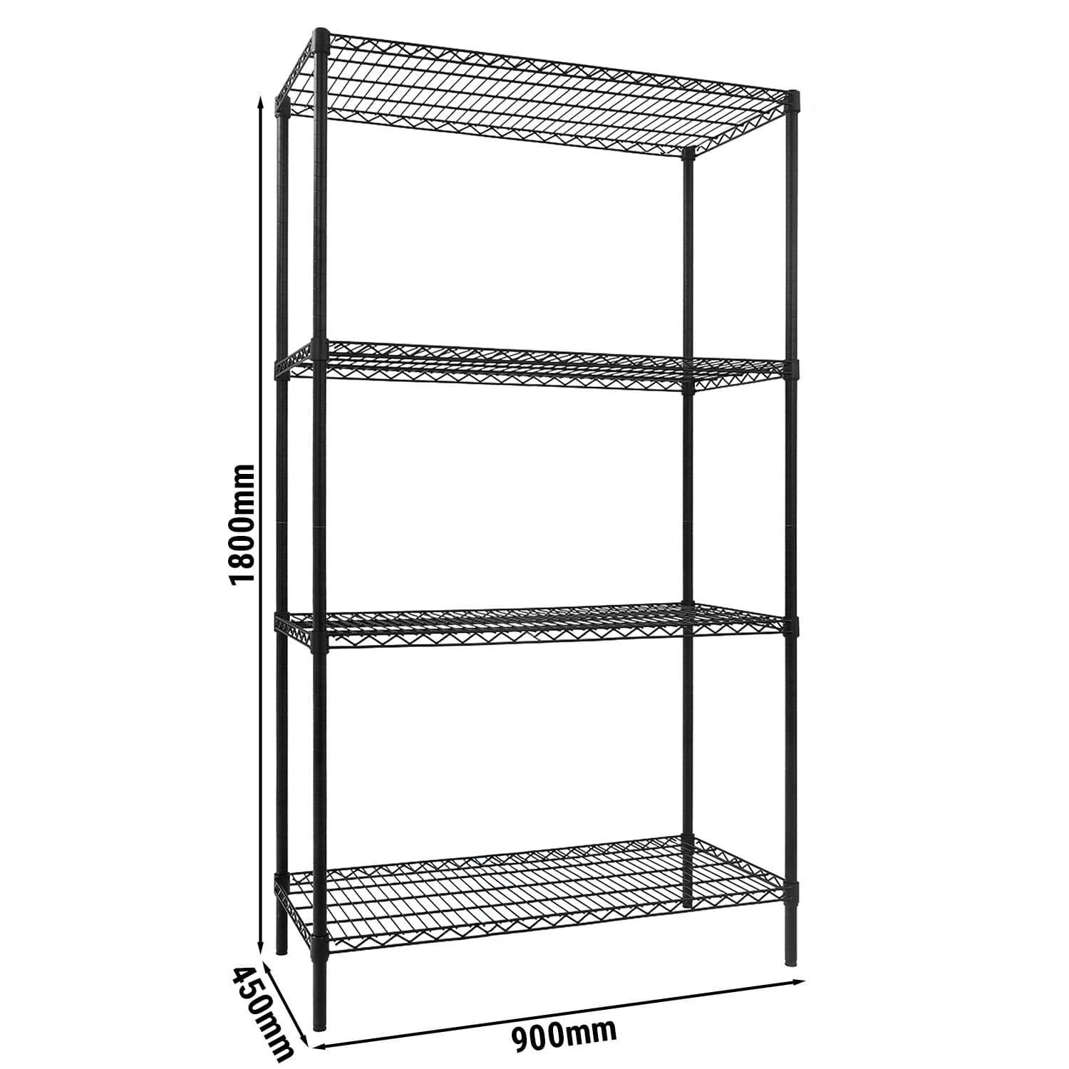 Raft metalic - Modul de bază - 900x450x(H)1800 mm - Adâncime: 450 mm - cu 4 polițe grilaj - negru - Capacitate totală: 180 kg — 3