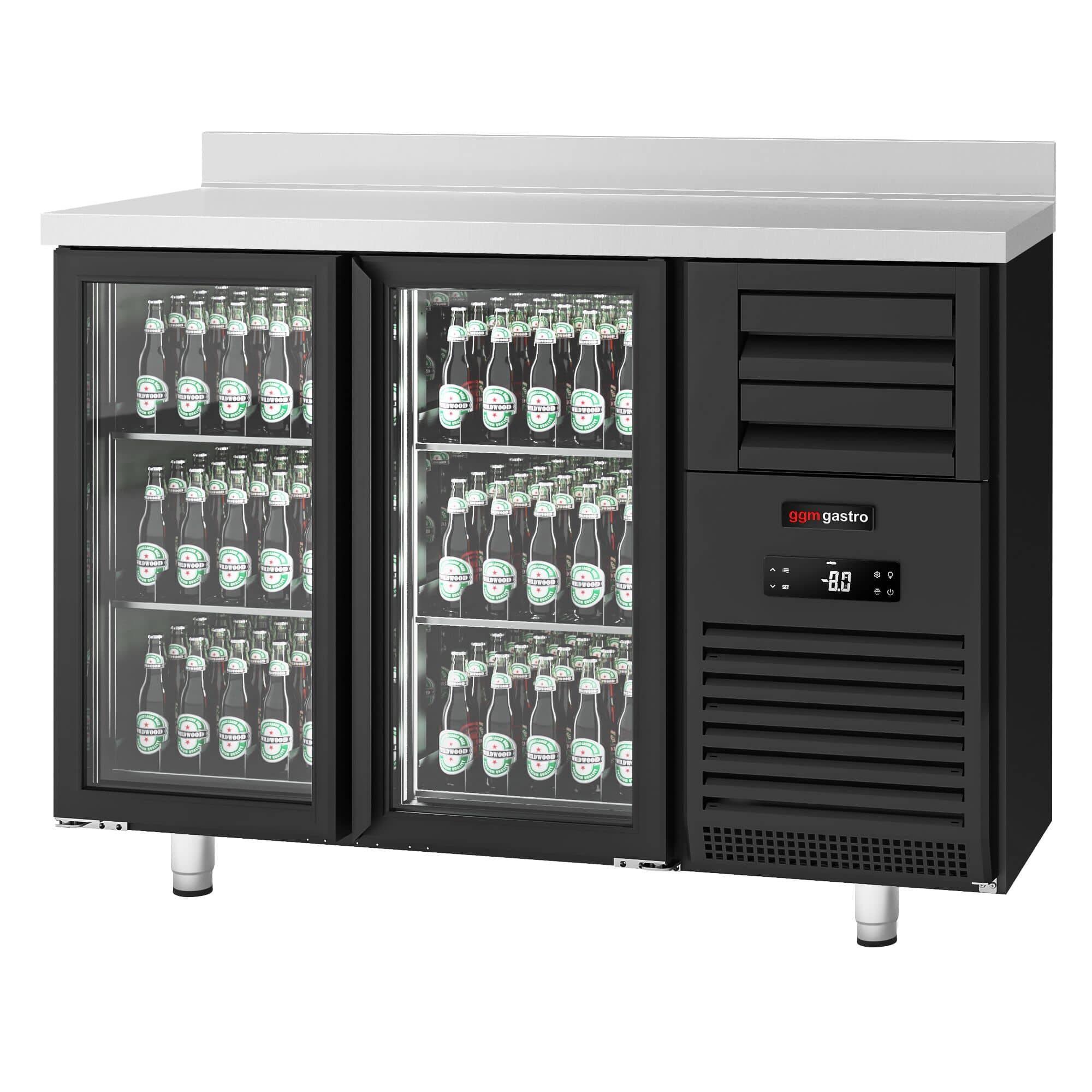 Frigider Bar Profesional PREMIUM PLUS - SUPERCOOLER - 1475x700 mm - 440 L - 2 uși din sticlă, 6 sertare, bordură spate 40 mm, iluminare LED & încuietoare - negru — 6