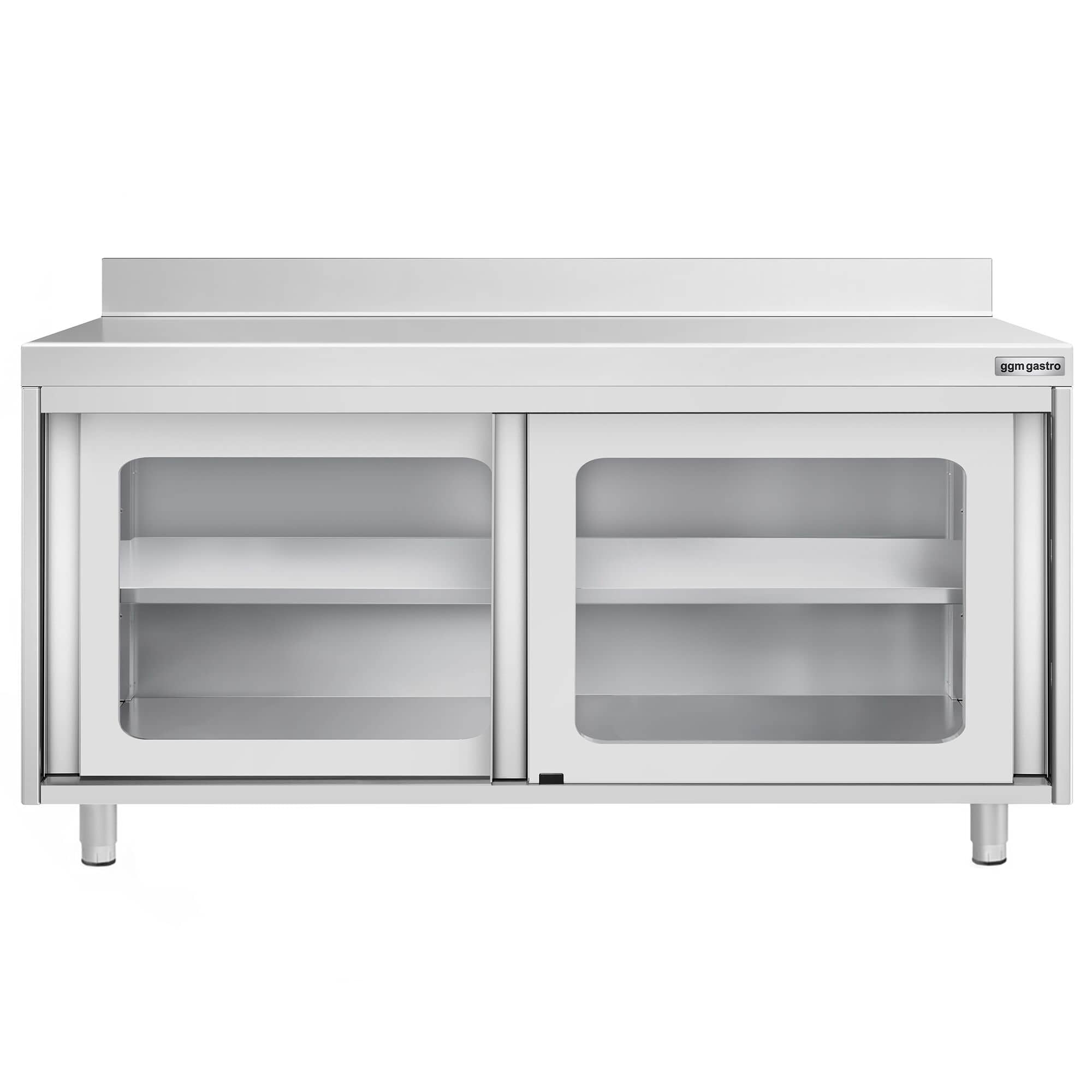 Masă de lucru tip dulap din oțel inoxidabil PREMIUM - 1600x700 mm - uși glisante din sticlă - cu rebord — 6