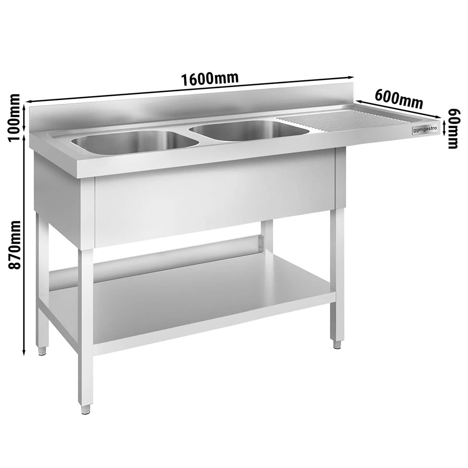 Chiuvetă pentru mașină de spălat vase PREMIUM - 1600x600 mm - cu 2 cuve stânga — 3