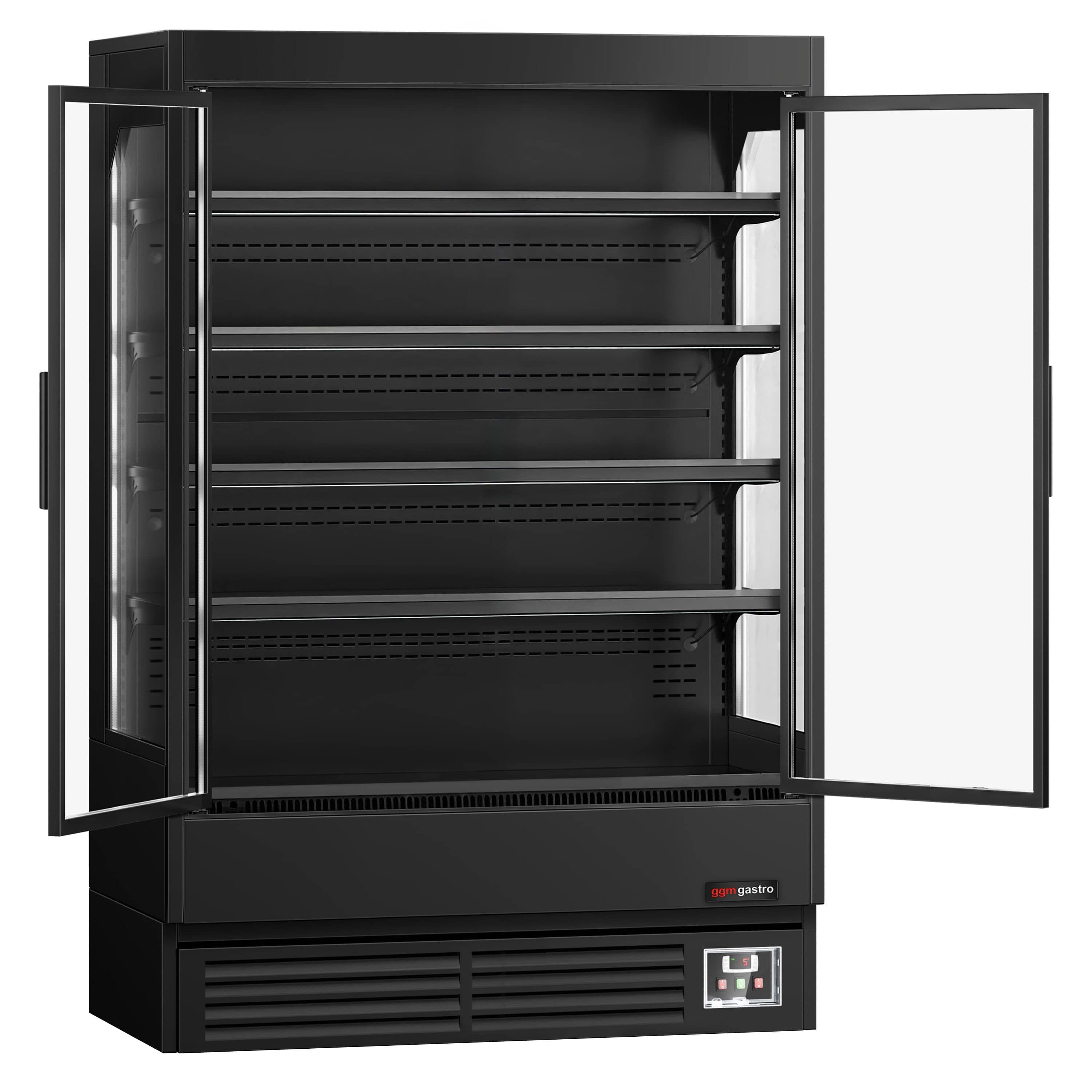 Raft frigorific - 1320 mm - 595 litri - +1°C/+5°C - cu 2 uși din sticlă cu geam dublu uși cu balamale & 4 polițe - negru — 6