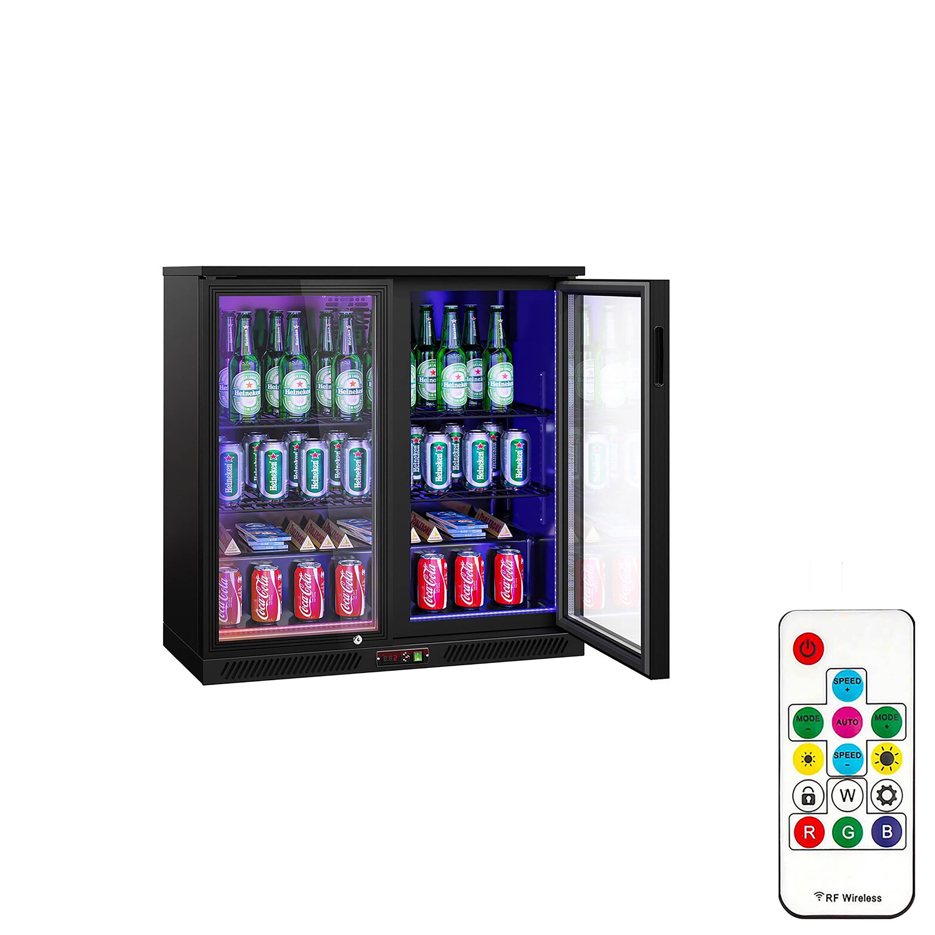 Frigider pentru bar – 900 mm – 220 litri – cu 2 uși batante din sticlă – exterior și interior negru — 2