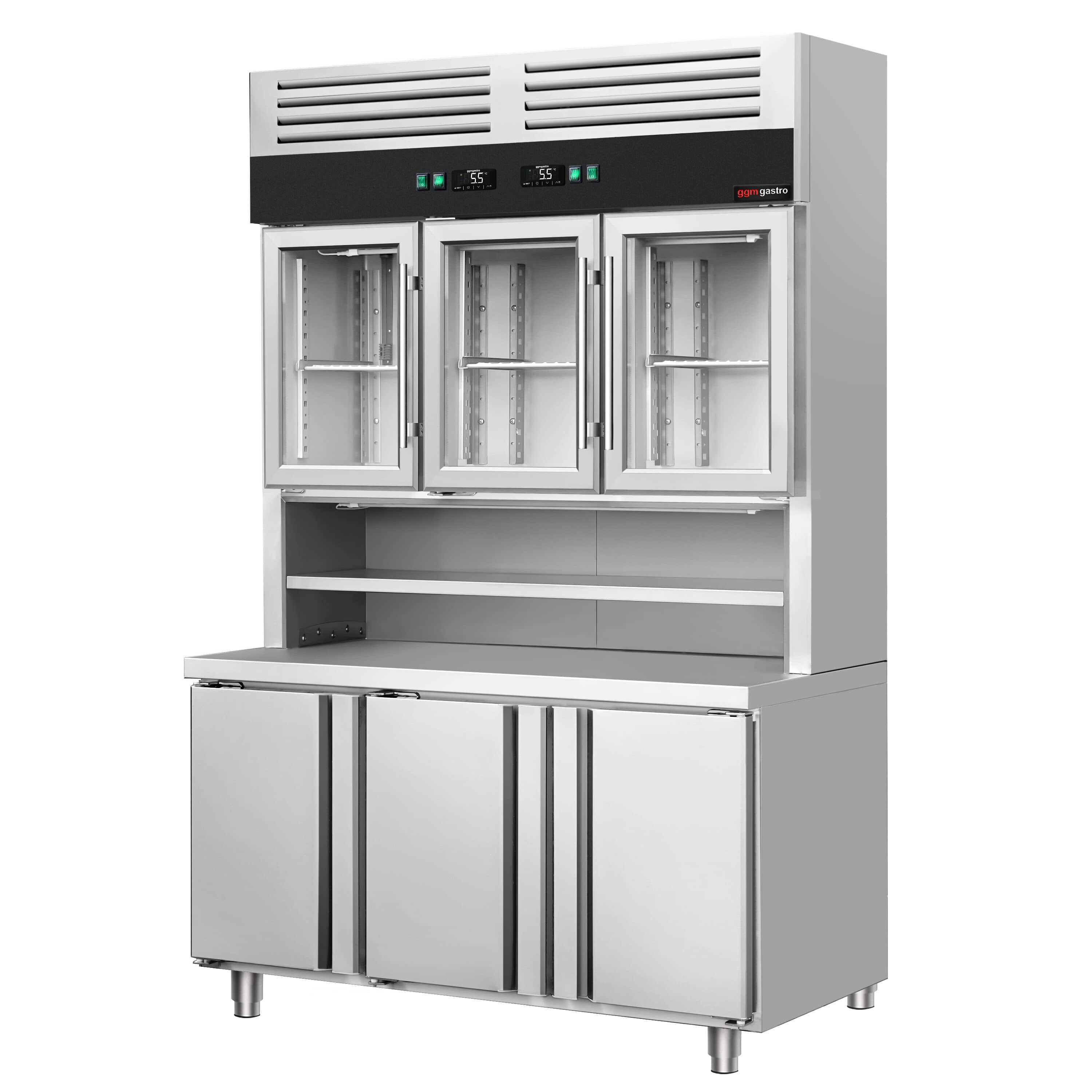 Masă frigorifică cu vitrină frigorifică verticală - 1350x800 mm - 520 L - cu 3 uși din sticlă - spate cu 3 uși - sticlă dublă - blat lucru — 7